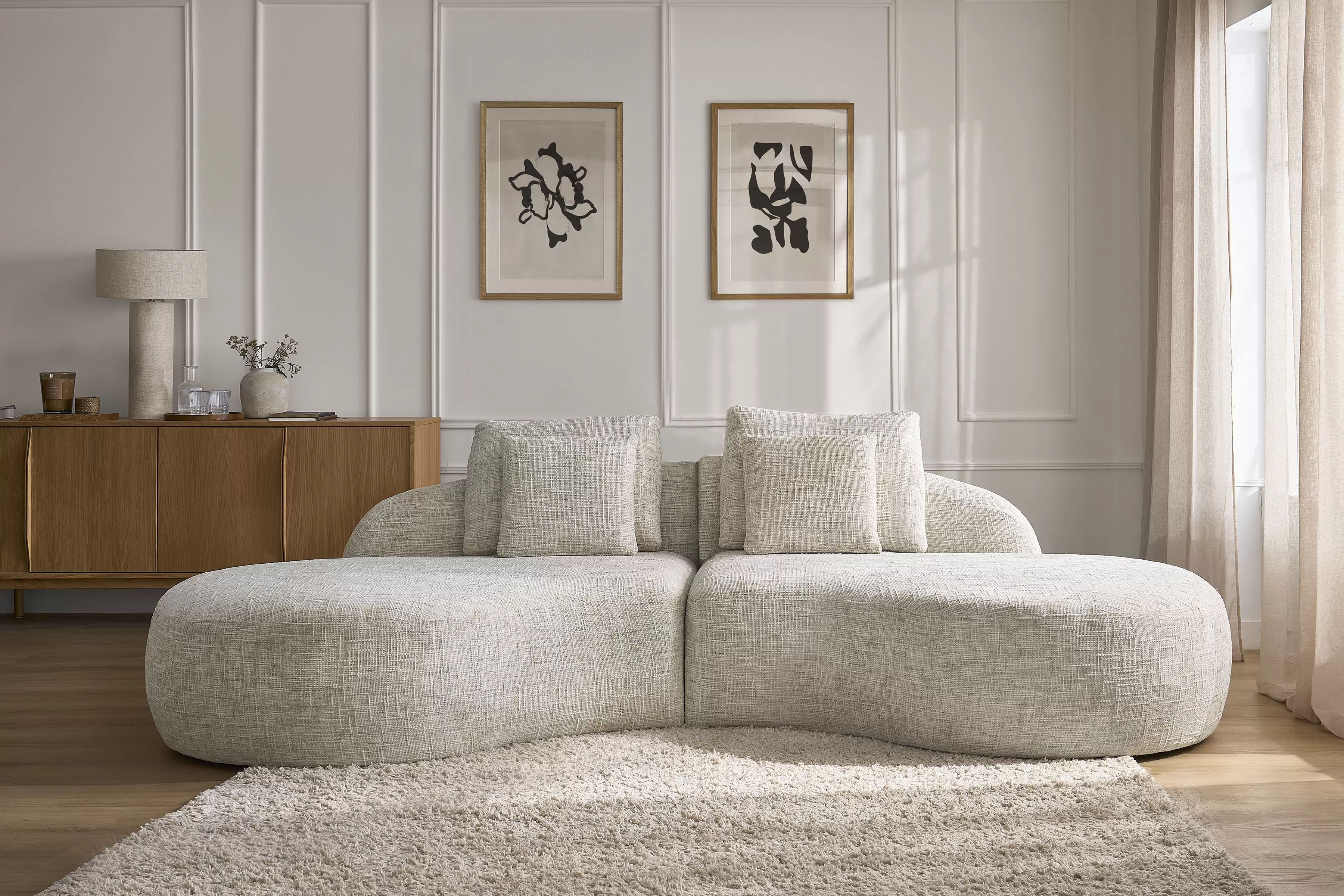 Rohová sedačka do obýváku Finezal OTL+OTP - béžová tkanina Tracy 211-04 Rohová sedací souprava pro obývacího pokoje Finezal OTL+OTP - béžová plecionka Tracy 211-04