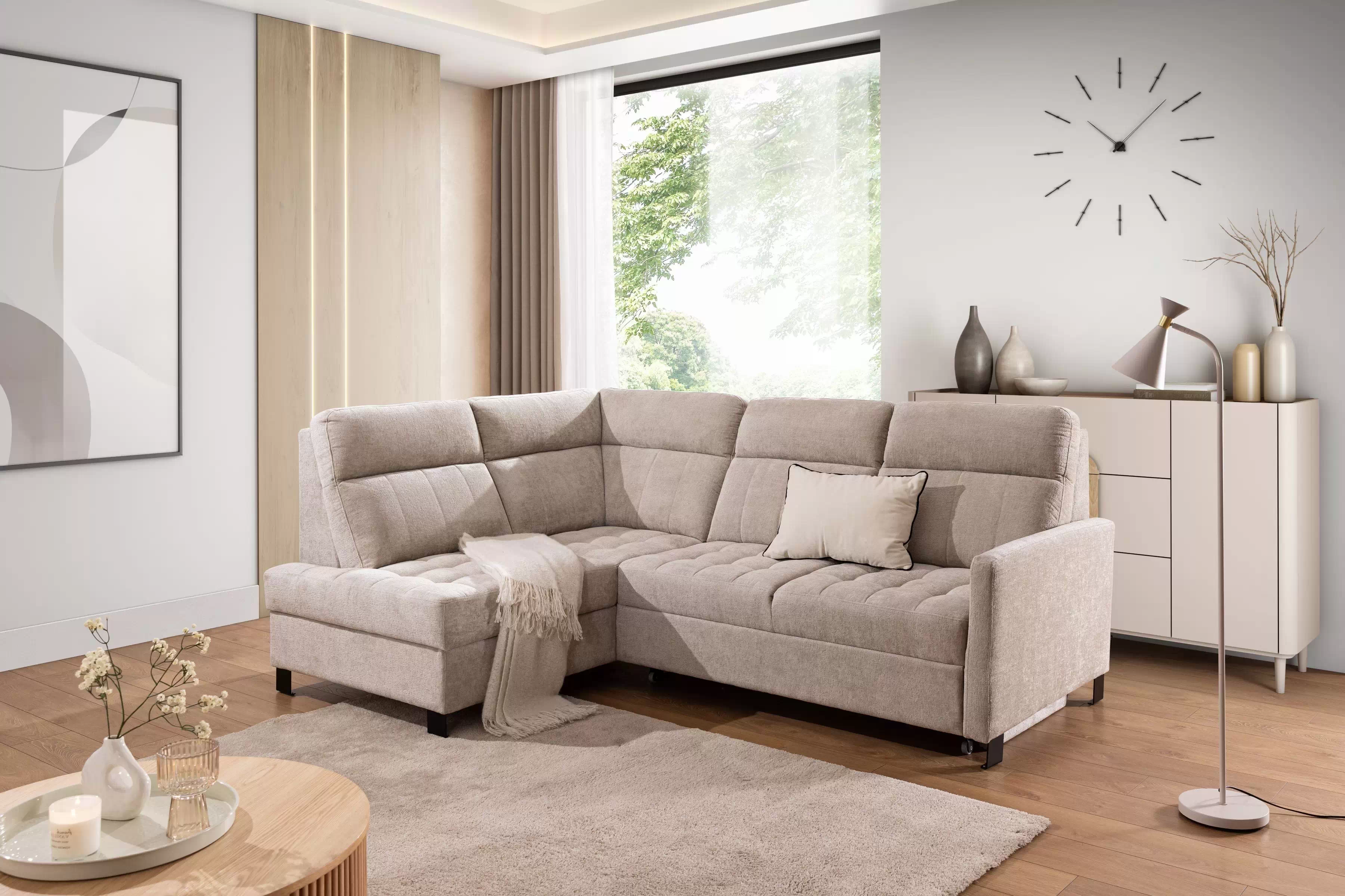 Rozkladacia rohová sedačka Gespano L ľavá - úzky bok - béžová žinylka Perfect Harmony 07 Rohová sedacia súprava Gespano L Ľavá strana z waskim bokiem - béžový šenil Perfect Harmony 07