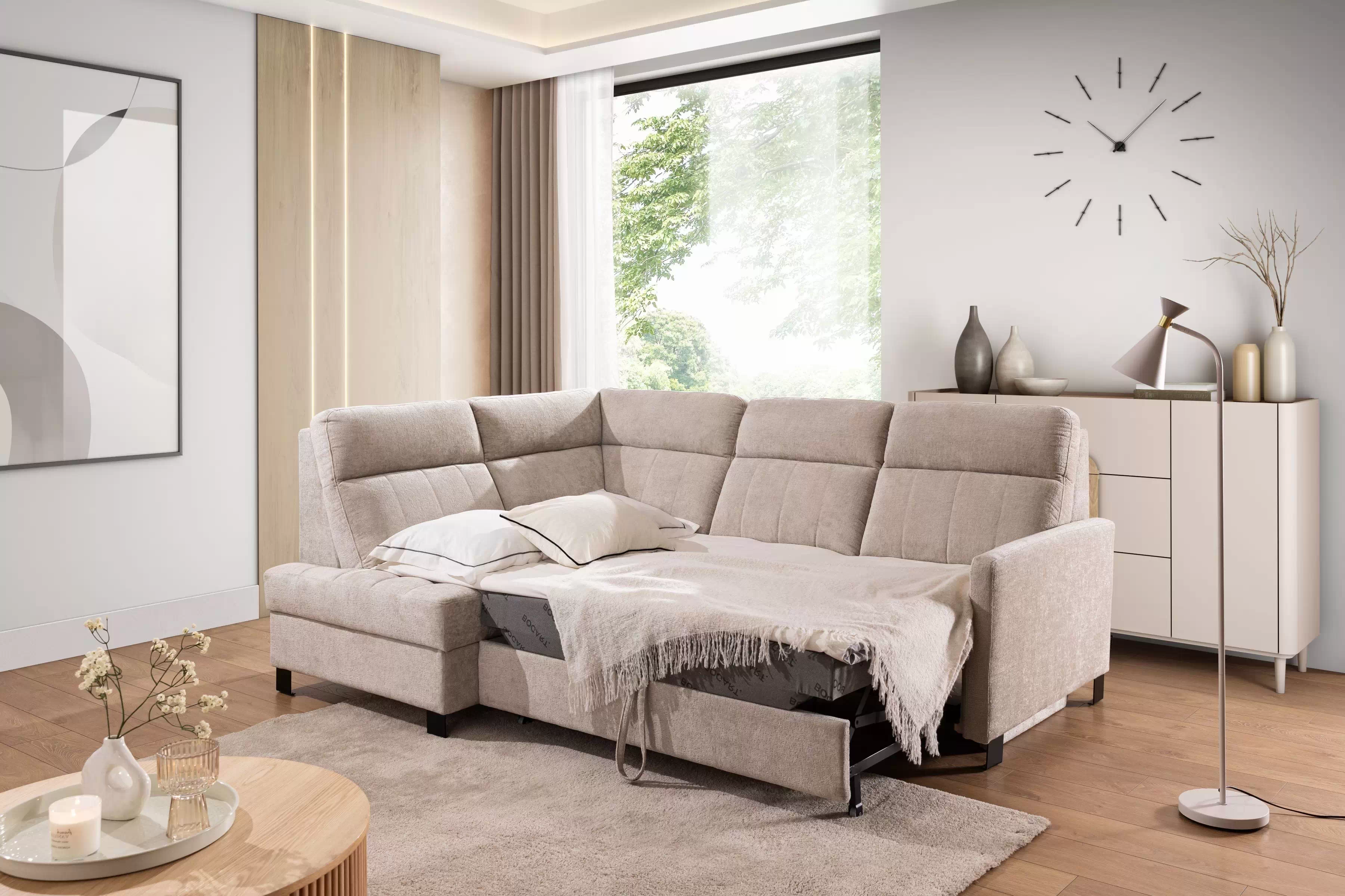 Rozkladacia rohová sedačka Gespano L ľavá - úzky bok - béžová žinylka Perfect Harmony 07 Rohová sedacia súprava Gespano L Ľavá strana z waskim bokiem - béžový šenil Perfect Harmony 07