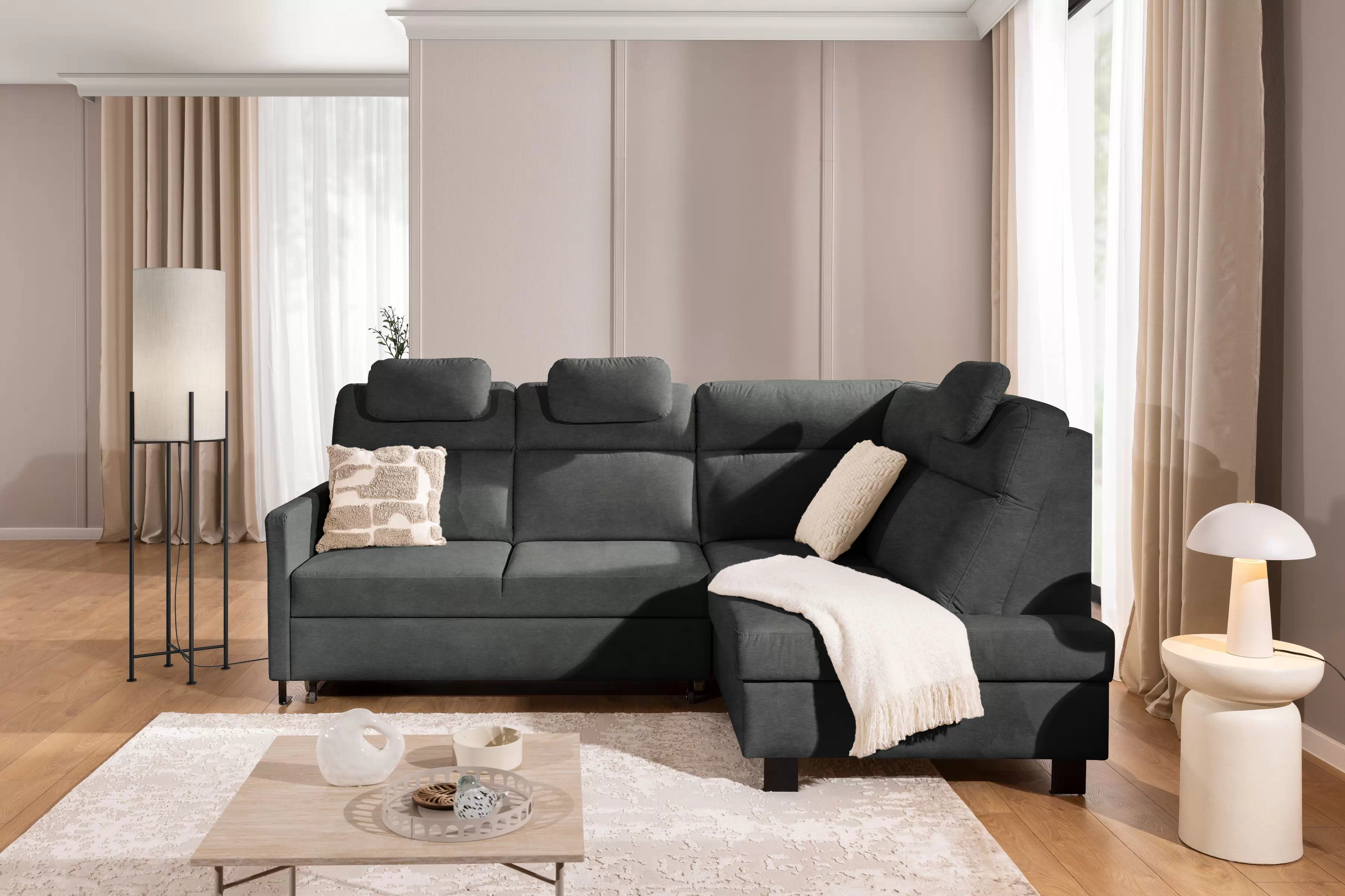 Rohová pohovka Gespano L pravostranná s úzkou područkou - grafitový snadno čistitelný samet Zetta 305 Rohová sedací souprava Gespano L pravá z waskim bokiem - grafitová samet latwoczyszczacy Zetta 305