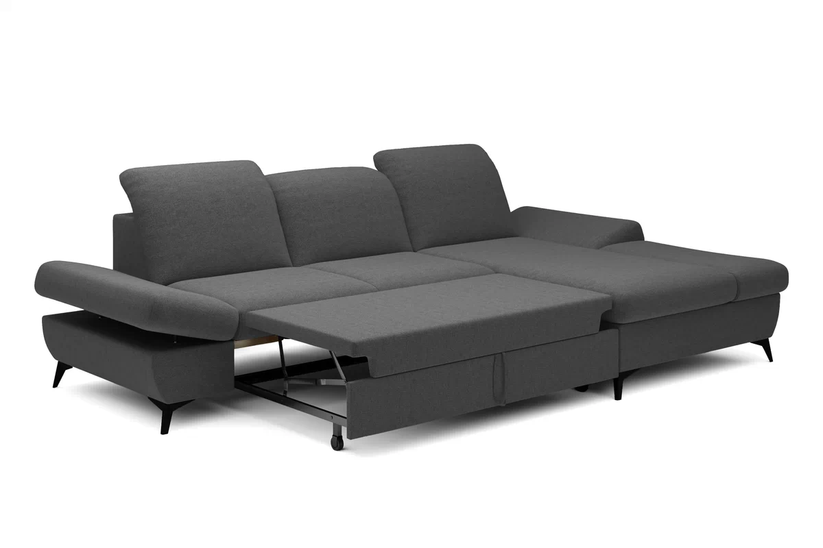 Rozkládací rohová sedací souprava Hares pravá - grafitová látka Loft 24 Rohová sedací souprava Hares s funkcí spaní pravá strana - grafitová plecionka Loft 24