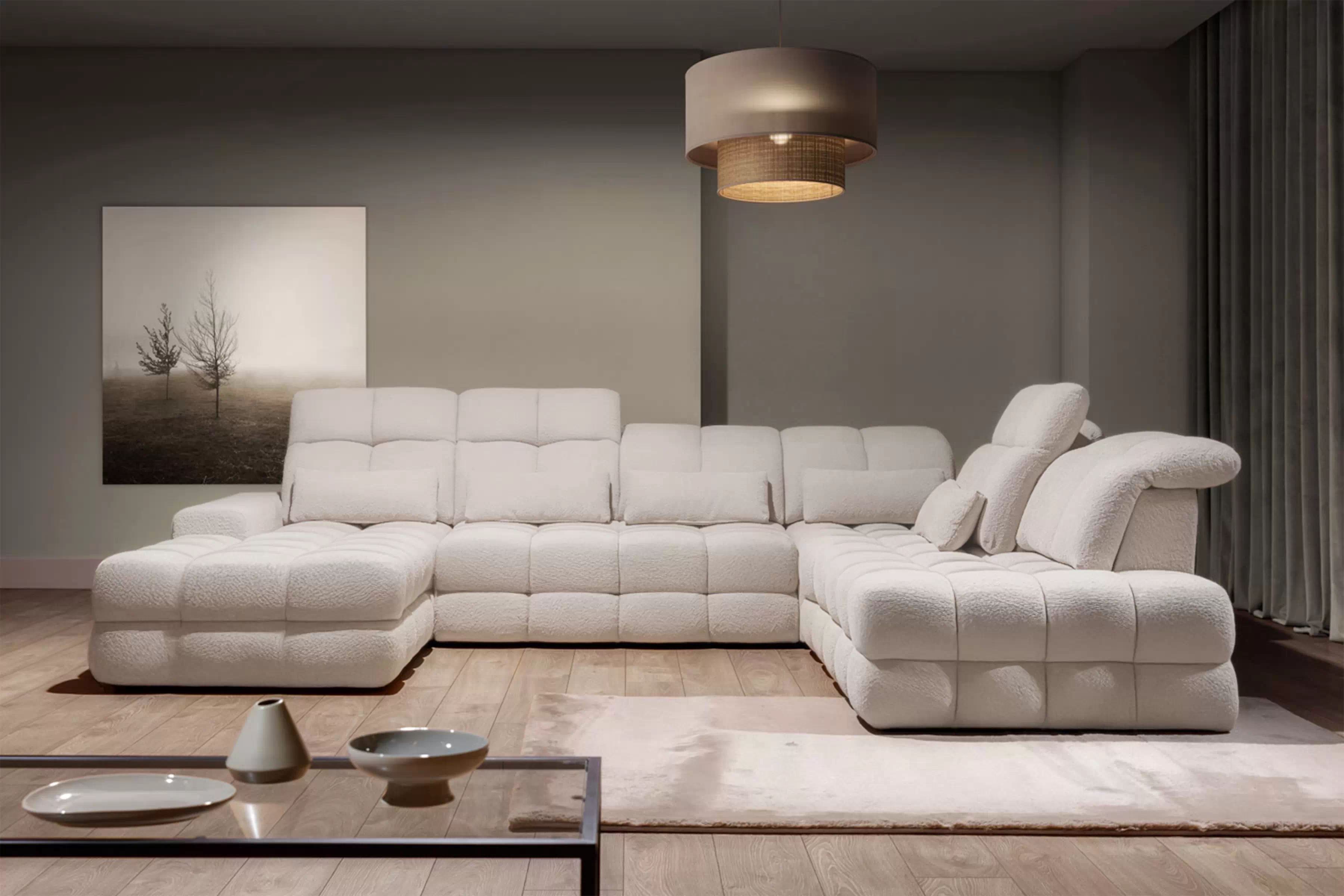 Rozkladacia rohová sedačka Magnelio Prestige U II pravá s el. výsuvným sedákom - krémová pletenina Magni 206-01 Rohová sedacia súprava Magnelio Prestige U II s elektricky výsuvným sedákem pravá strana - kremowa plecionka Magni 206-01