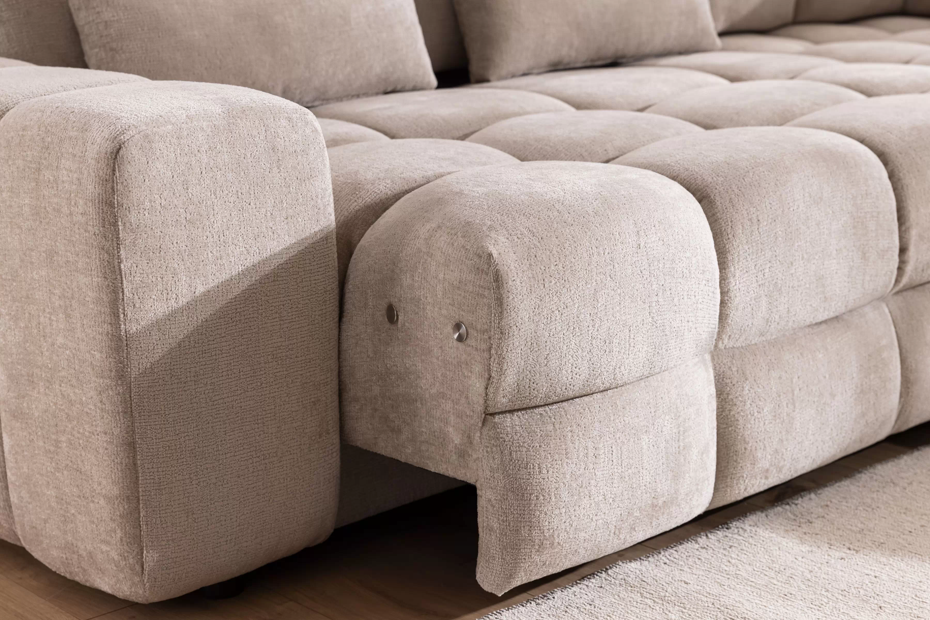 Rohová pohovka Magnelio Prestige L pravá s elektrickým výsuvem sedáku - béžový szenil Perfect Harmony 07 Rohová sedací souprava pravá Magnelio Prestige L z elektricky wysuwanym sedadlem - béžová šenil Perfect harmony 07