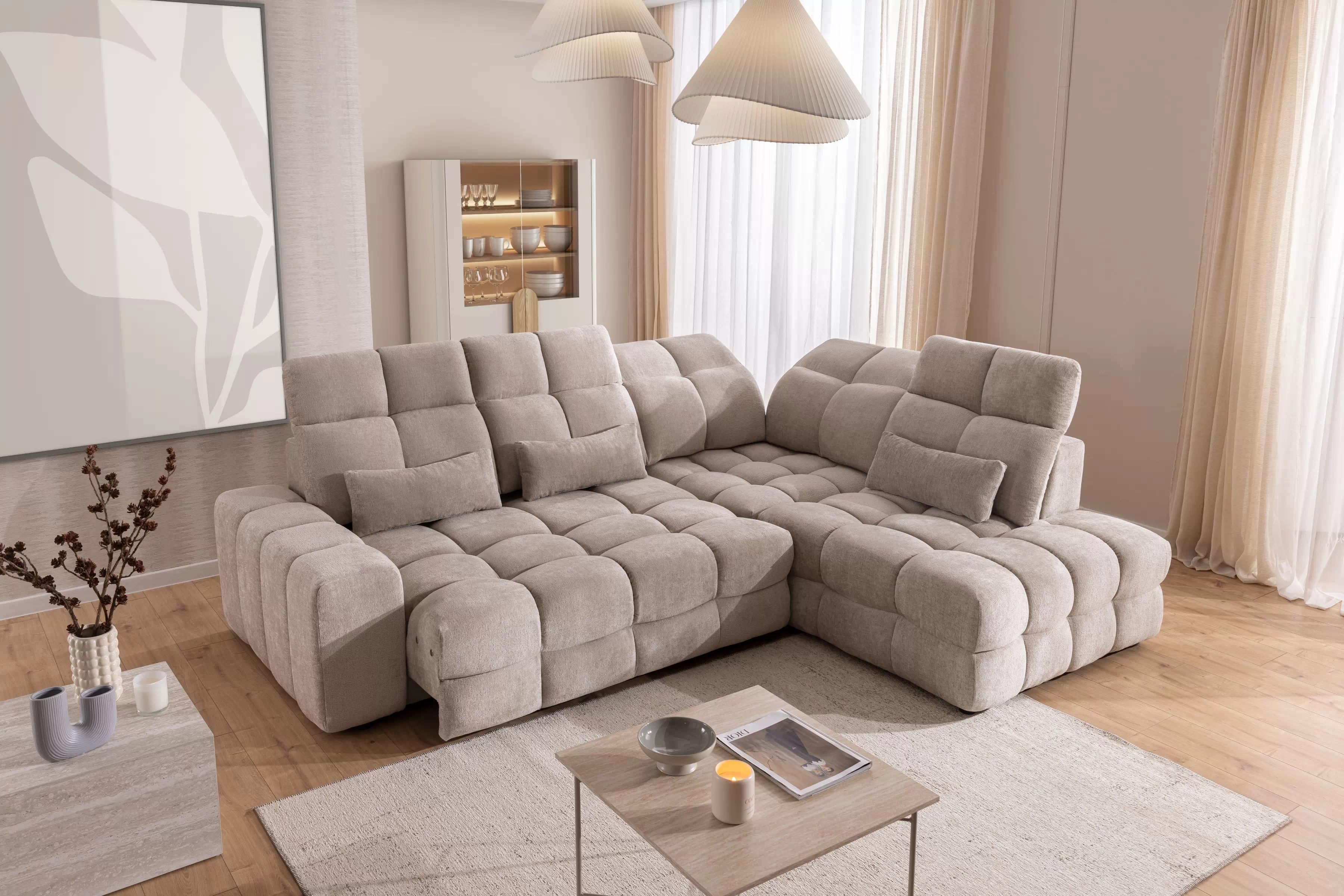 Rohová pohovka Magnelio Prestige L pravá s elektrickým výsuvem sedáku - béžový szenil Perfect Harmony 07 Rohová sedací souprava pravá Magnelio Prestige L z elektricky wysuwanym sedadlem - béžová šenil Perfect harmony 07