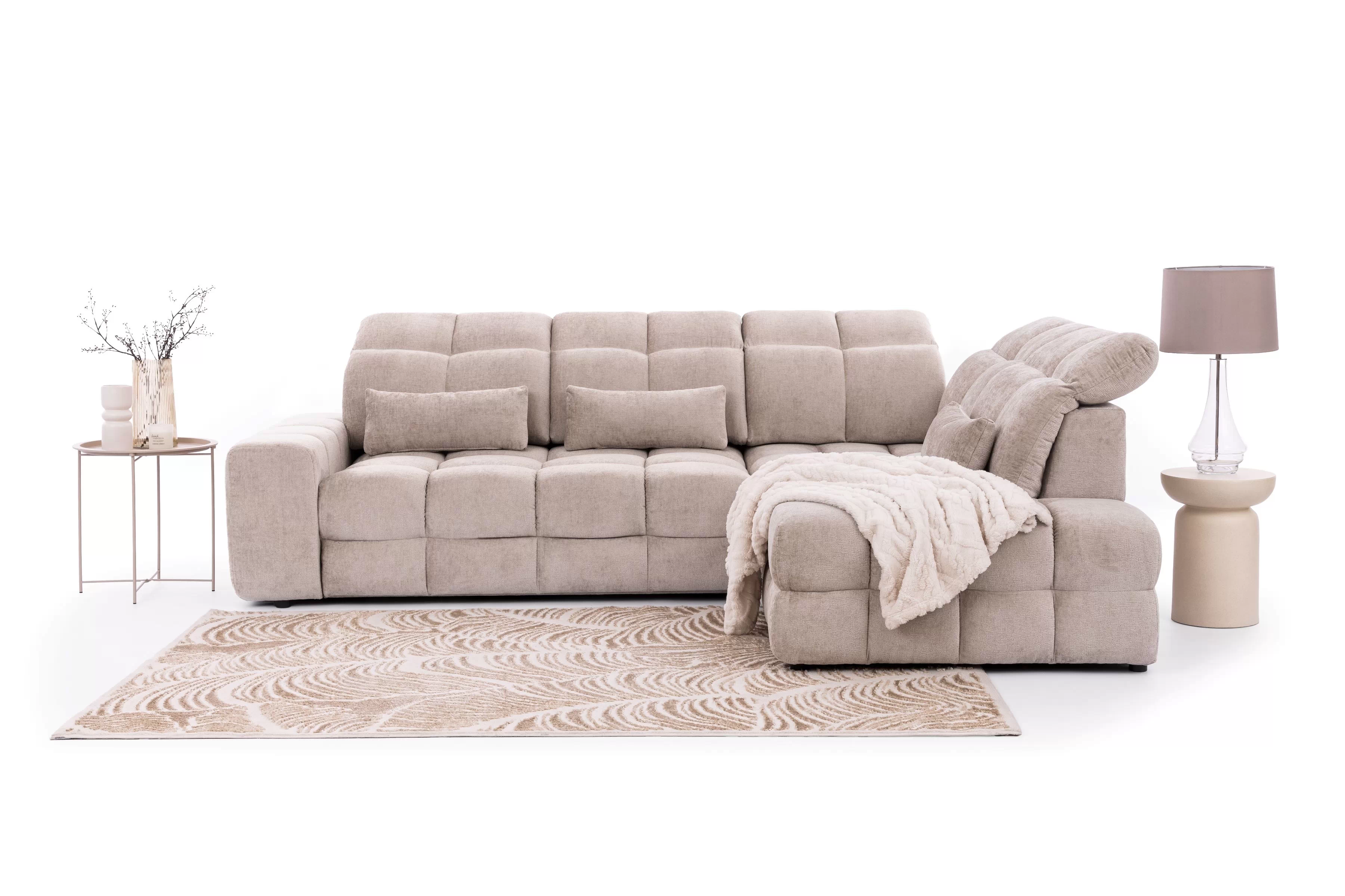 Rohová pohovka Magnelio Prestige L pravá s elektrickým výsuvem sedáku - béžový szenil Perfect Harmony 07 Rohová sedací souprava pravá Magnelio Prestige L z elektricky wysuwanym sedadlem - béžová šenil Perfect harmony 07