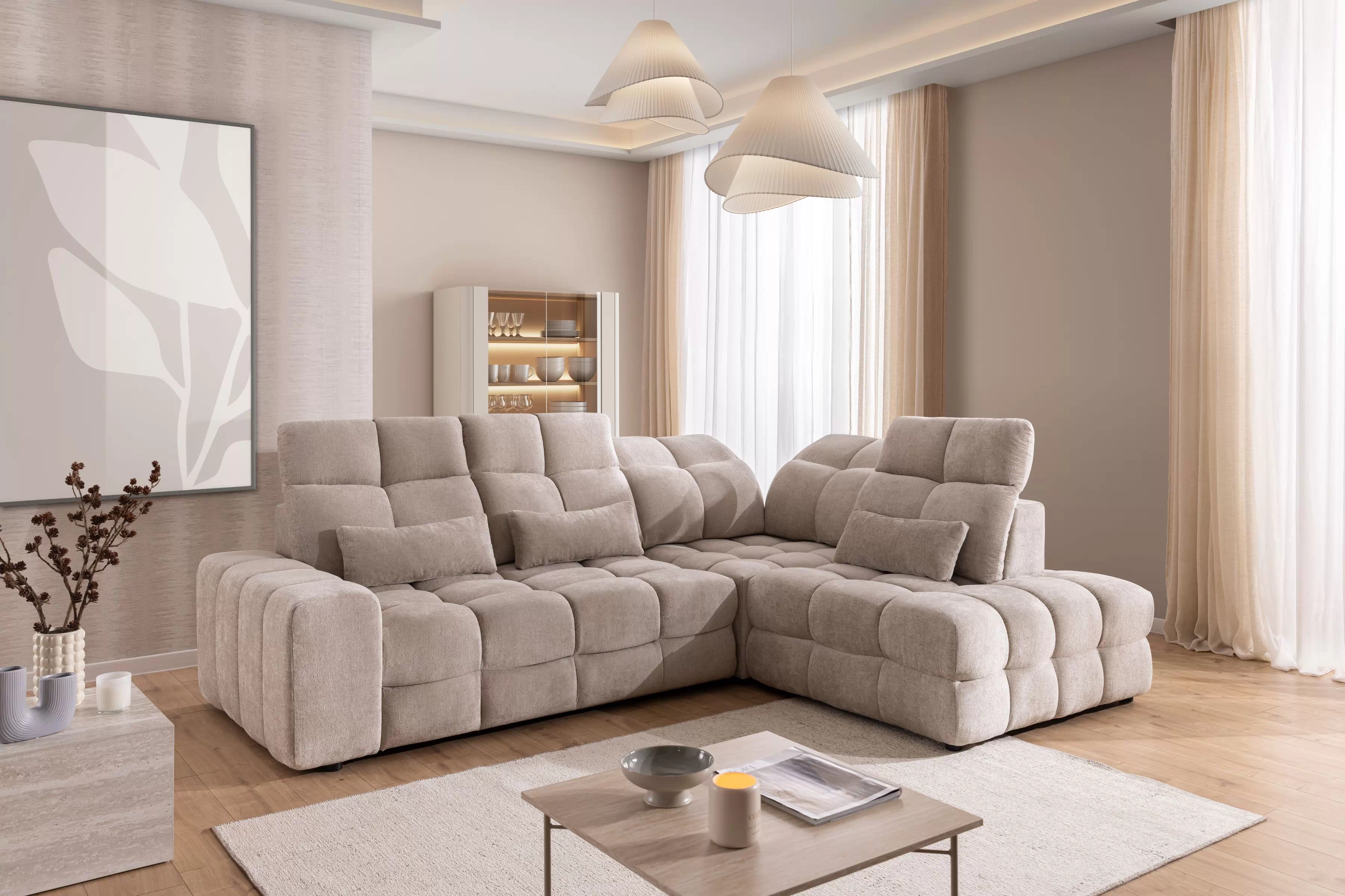 Rohová pohovka Magnelio Prestige L pravá s elektrickým výsuvem sedáku - béžový szenil Perfect Harmony 07 Rohová sedací souprava pravá Magnelio Prestige L z elektricky wysuwanym sedadlem - béžová šenil Perfect harmony 07