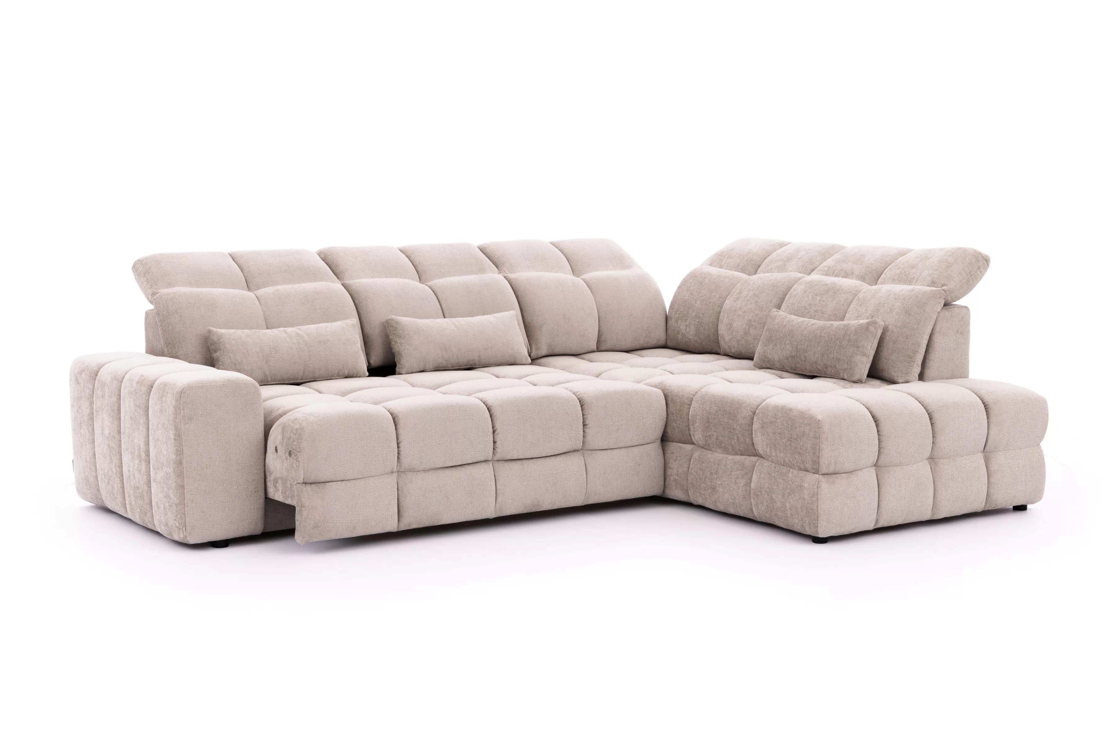 Rohová pohovka Magnelio Prestige L pravá s elektrickým výsuvem sedáku - béžový szenil Perfect Harmony 07 Rohová sedací souprava pravá Magnelio Prestige L z elektricky wysuwanym sedadlem - béžová šenil Perfect harmony 07