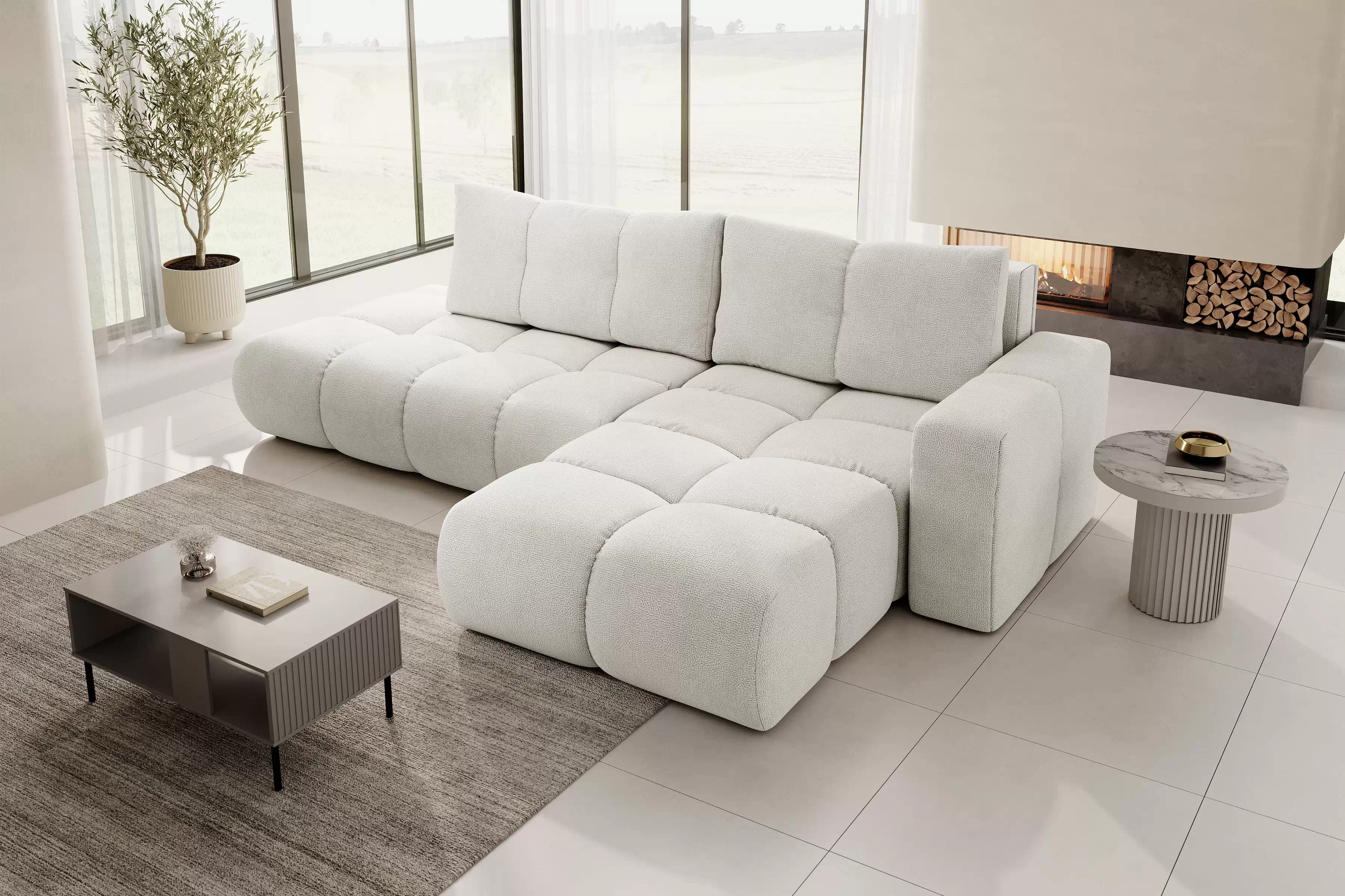 Rohová rozkládací sedací souprava Vebra pravá - krémový šenil Perfect Harmony 02 Rohová sedací souprava Vebra s funkcí spaní pravá strana - Krémový šenil Perfect Harmony 02