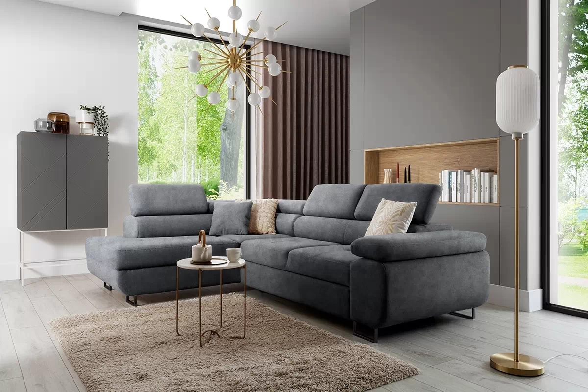 Rozkládací rohová sedací souprava Annabelle L levá - grafitová Zetta 304 / černé nožky Rohová sedací souprava rozkládací Annabelle L levá - grafitová samet hydrofobní  Zetta 304 / Nohy černá