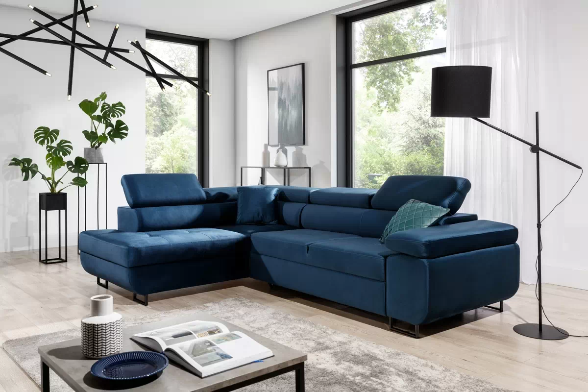 Rozkladacia rohová sedacia súprava Annabelle L ľavá - tmavomodrý zamat Monolith 77 / čierne nožičky Rohová sedacia súprava s funkciou spania Annabelle L Ľavá strana - granátová zamat hydrofobowy Monolith 77 / nožičky čierny