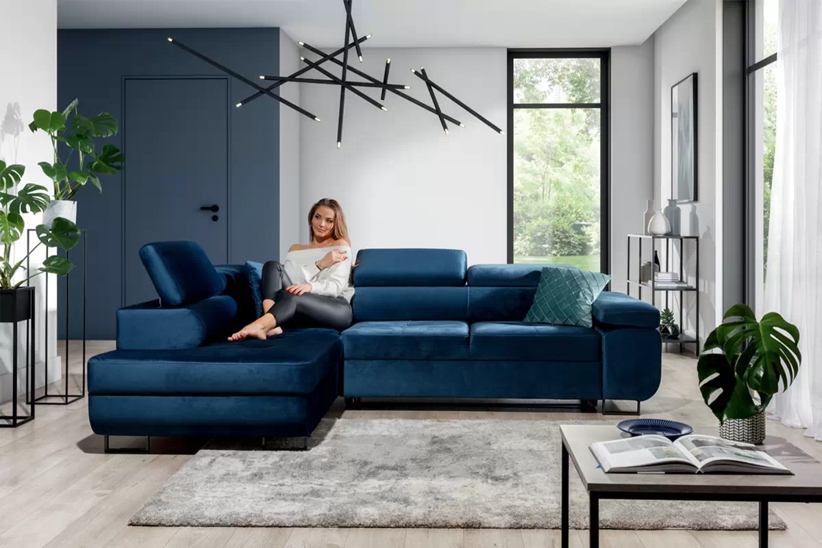 Rozkladacia rohová sedacia súprava Annabelle L ľavá - tmavomodrý zamat Monolith 77 / čierne nožičky Rohová sedacia súprava s funkciou spania Annabelle L Ľavá strana - granátová zamat hydrofobowy Monolith 77 / nožičky čierny