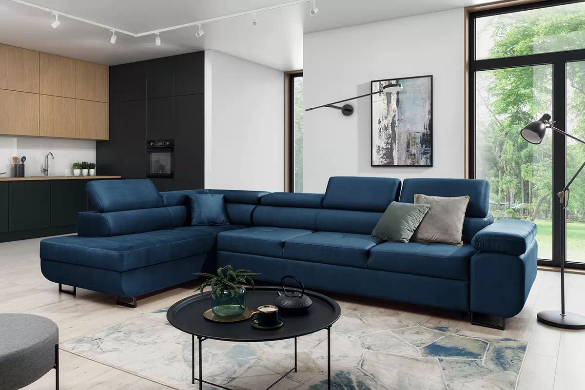 Rozkládací rohová sedací souprava Annabelle Maxi levá - tmavě modrá Monolith 77 / černé nožky Rohová sedací souprava rozkládací Annabelle Maxi levá - tmavě modrá samet hydrofobní  Monolith 77 / Nohy černá