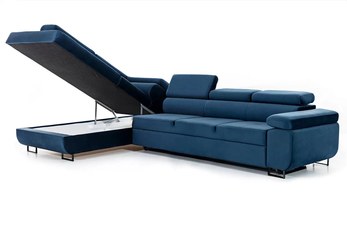 Rozkládací rohová sedací souprava Annabelle Maxi levá - tmavě modrá Monolith 77 / černé nožky Rohová sedací souprava rozkládací Annabelle Maxi levá - tmavě modrá samet hydrofobní  Monolith 77 / Nohy černá