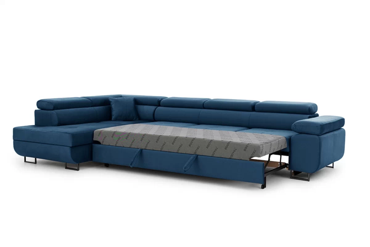 Rozkládací rohová sedací souprava Annabelle Maxi levá - tmavě modrá Monolith 77 / černé nožky Rohová sedací souprava rozkládací Annabelle Maxi levá - tmavě modrá samet hydrofobní  Monolith 77 / Nohy černá