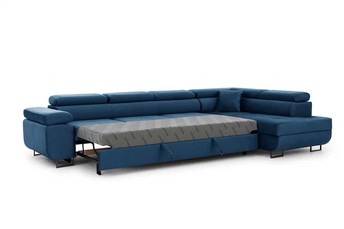 Rozkládací rohová sedací souprava Annabelle Maxi pravá - tmavě modrá Monolith 77 / černé nožky Rohová sedací souprava rozkládací Annabelle Maxi pravá - tmavě modrá samet hydrofobní  Monolith 77 / Nohy černá