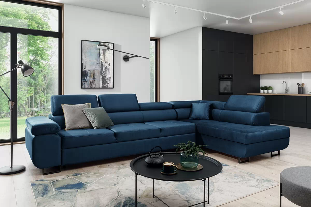 Rozkládací rohová sedací souprava Annabelle Maxi pravá - tmavě modrá Monolith 77 / černé nožky Rohová sedací souprava rozkládací Annabelle Maxi pravá - tmavě modrá samet hydrofobní  Monolith 77 / Nohy černá
