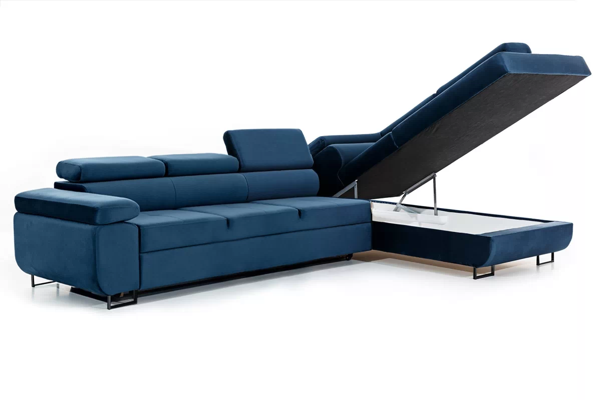 Rozkládací rohová sedací souprava Annabelle Maxi pravá - tmavě modrá Monolith 77 / černé nožky Rohová sedací souprava rozkládací Annabelle Maxi pravá - tmavě modrá samet hydrofobní  Monolith 77 / Nohy černá