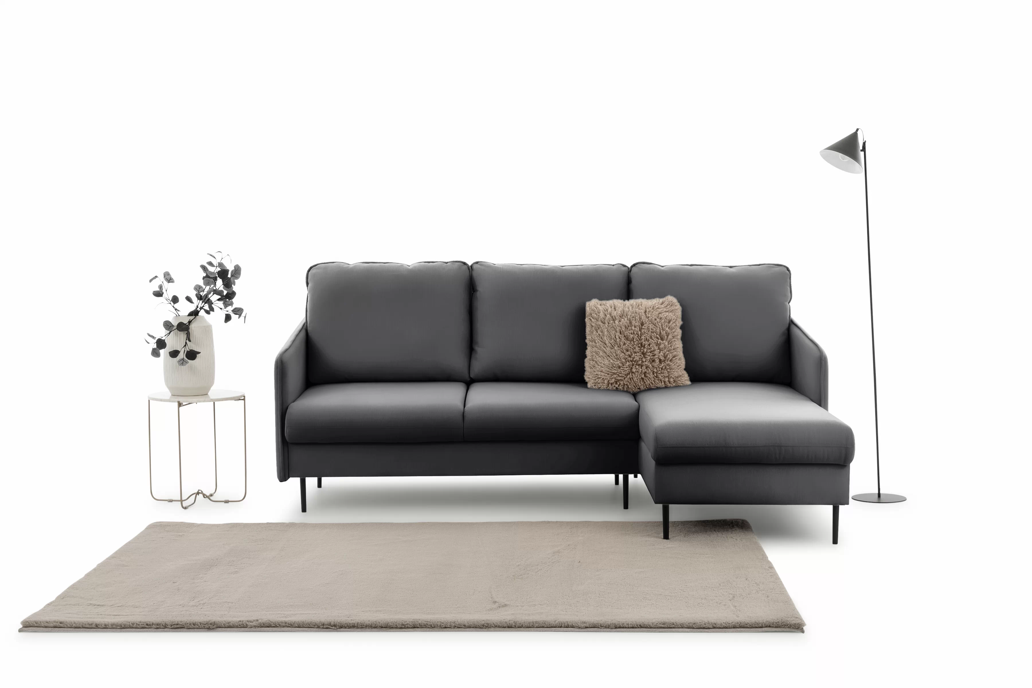 Rozkladacia rohová sedačka Taila Mini pravá - šedý zamat Velluto 18 / čierne nožičky Rohová sedacia súprava s funkciou spánku Taila Mini pravá strana - šedý velúr Velluto 18 / čierny nožičky