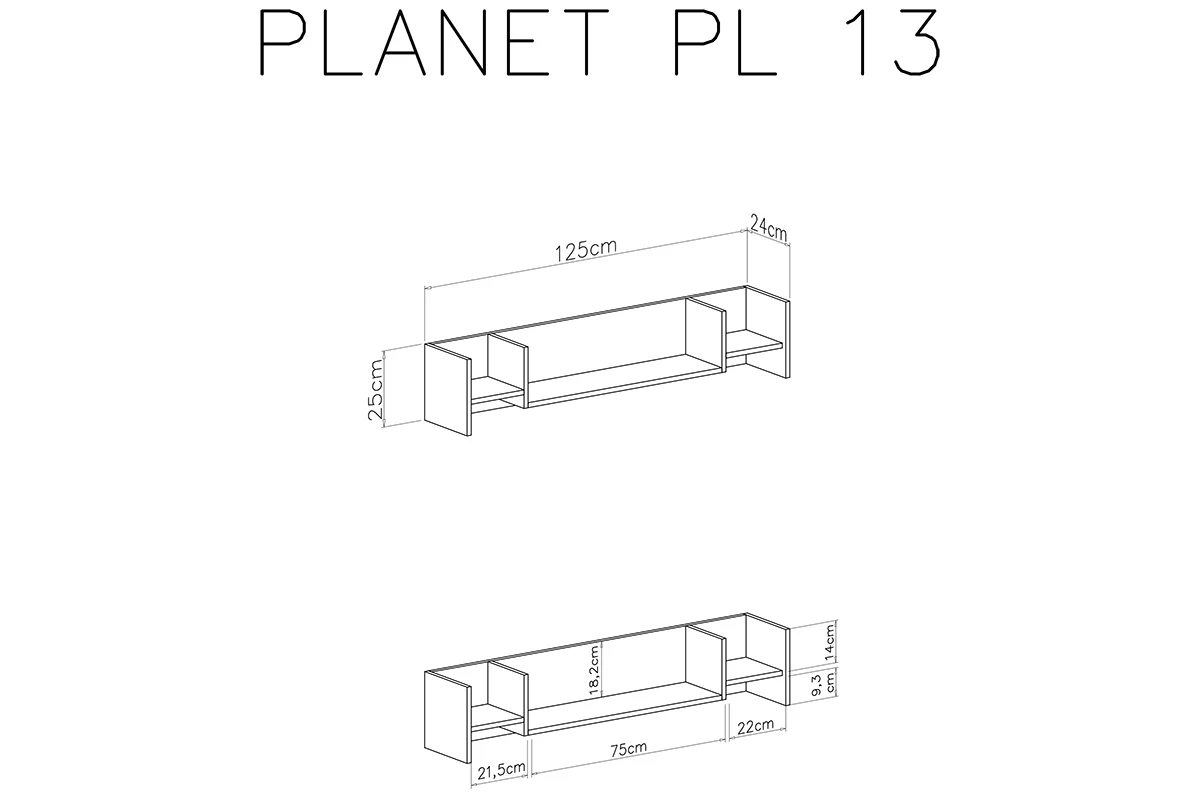 Nástěnná police Planet 13 - 125 cm - bílá lux / dub / mořská Police závěsná Planet 13 - Bílý lux / Dub / Mořský - Rozměry