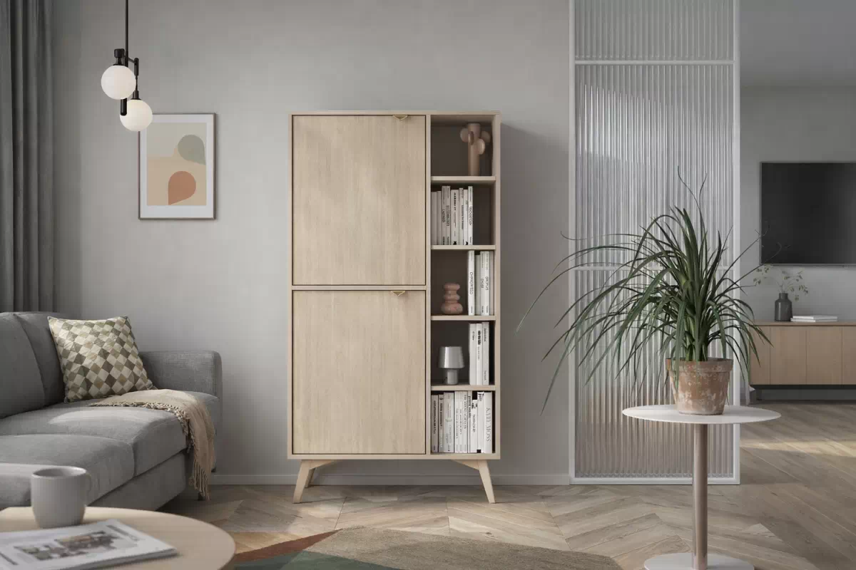 Regál Lumira 80 cm dvojdverový - piesková / škandinávsky vzor rybia kosť Regál Lumira 80 cm dvojdverový - Pieskový / jodelka skandi