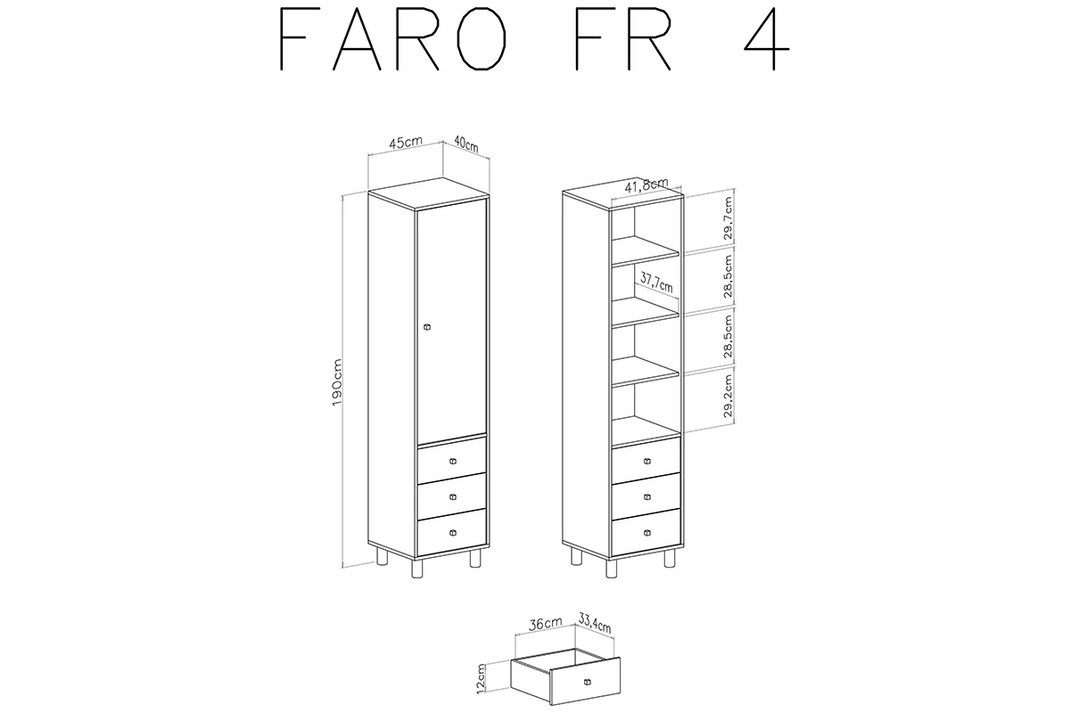 Skriňa s tromi zásuvkami Faro FR3 - biely lux / dub artisan / šedý - Meblar Regál Pre mladých jednodverový s tromi zásuvkami Faro FR4 - Biely lux / Dub artisan / šedý - Rozmery