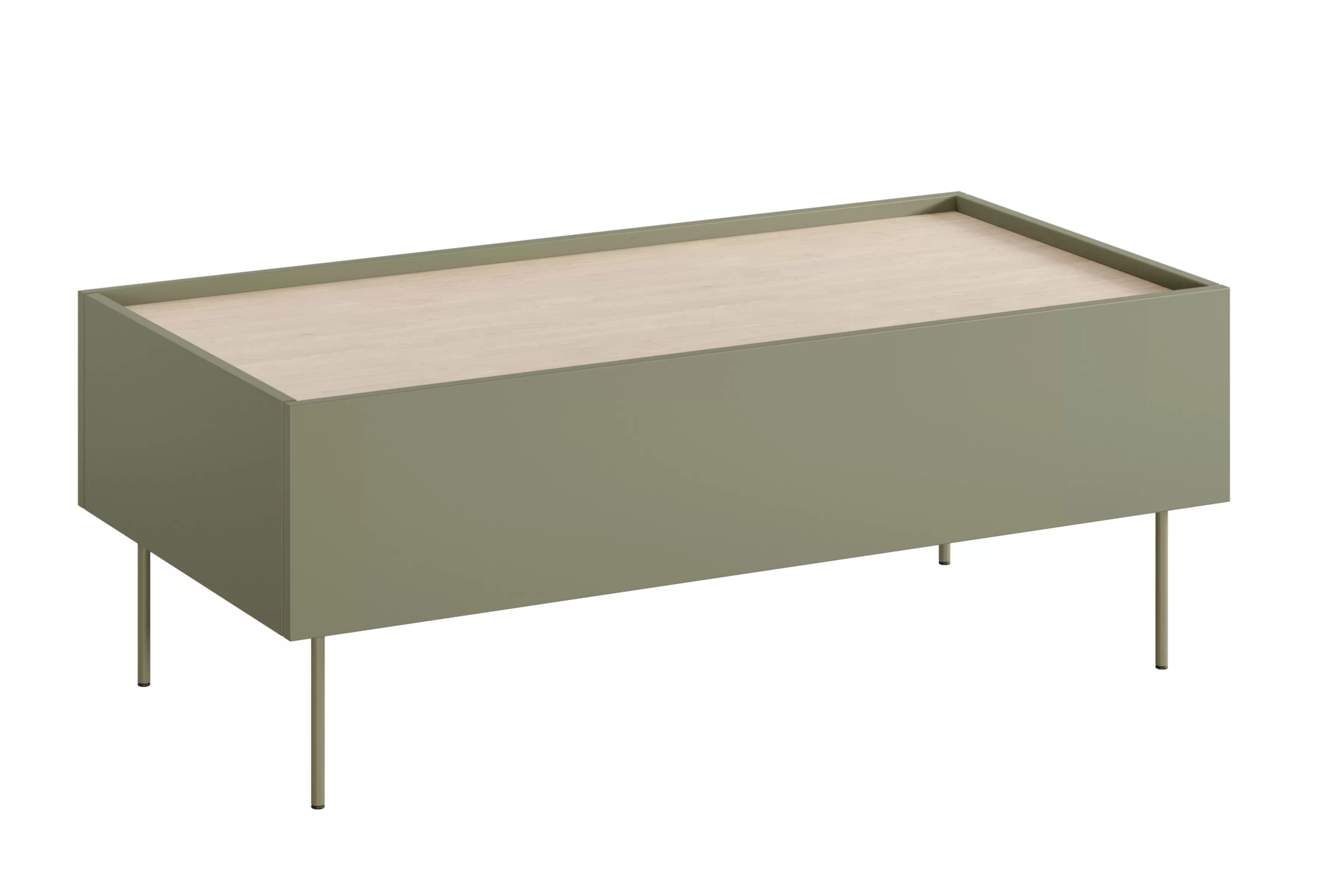 Konferenčný stolík Desin 120x60 cm - olivová / dub nagano Konferenčný stolík Desin 120 cm so zásuvkami i metalowymi nogami - Oliva / Dub nagano