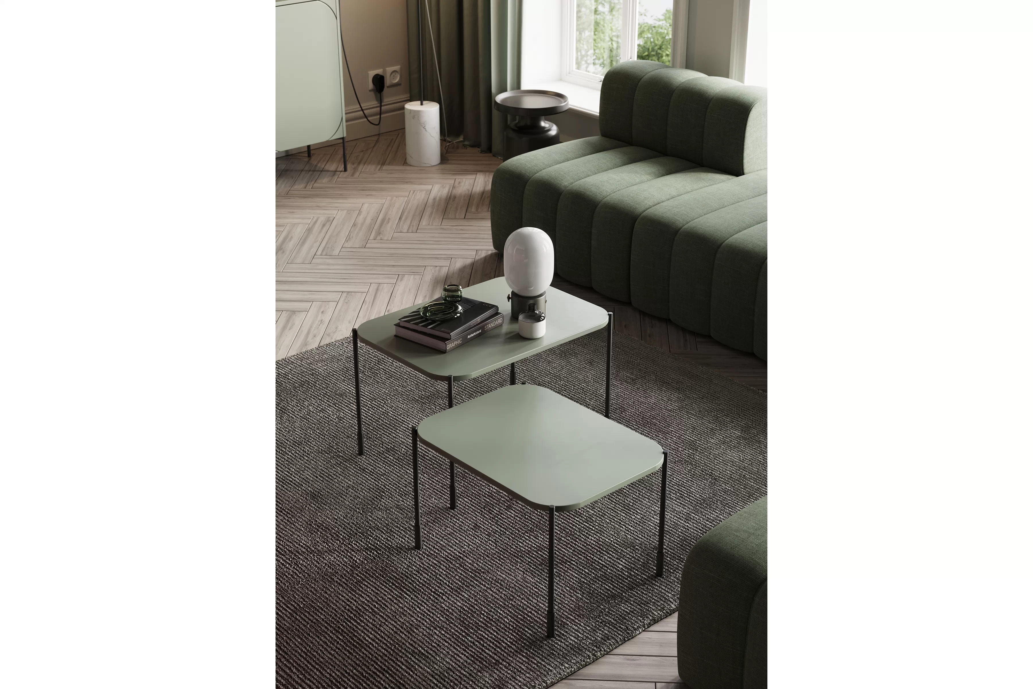 Hnedý konferenčný stolík Sonatia 60 cm s kovovými nohami - olivový Stolík kawowy Sonatia 60 cm prostokatny na kovových nohách - Oliva