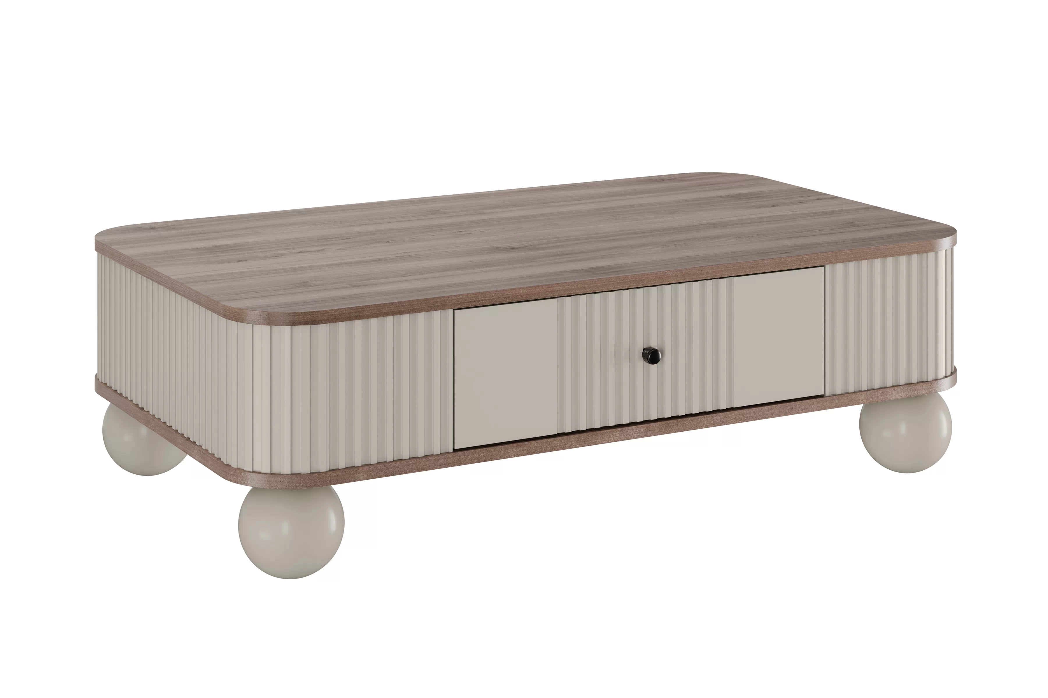 Kávový stolík Vesper 103x60 cm so zásuvkou - kašmír / orech / čierne úchyty / guľové nohy Stolík kawowy Vesper 103x60 cm z szuflada - kašmír / Orech / čierny úchyty / nožičky kule