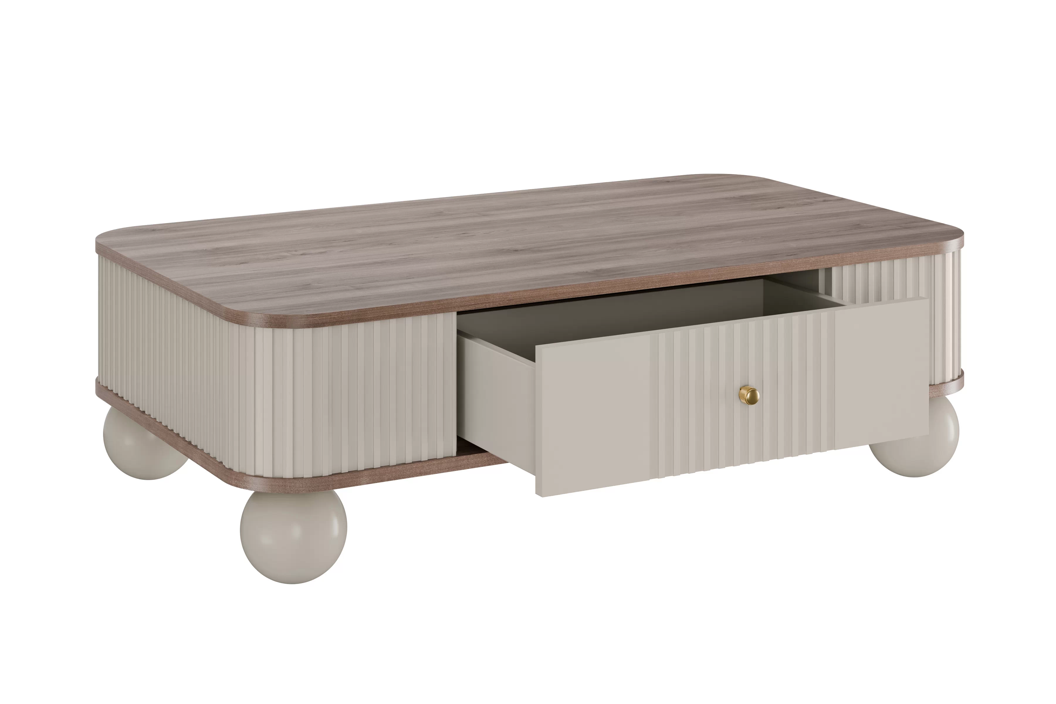 Kávový stolík Vesper 103x60 cm so zásuvkou - kasmír / orech / zlaté úchyty / guľové nohy Stolík kawowy Vesper 103x60 cm z szuflada - kašmír / Orech / zlote úchyty / nožičky kule