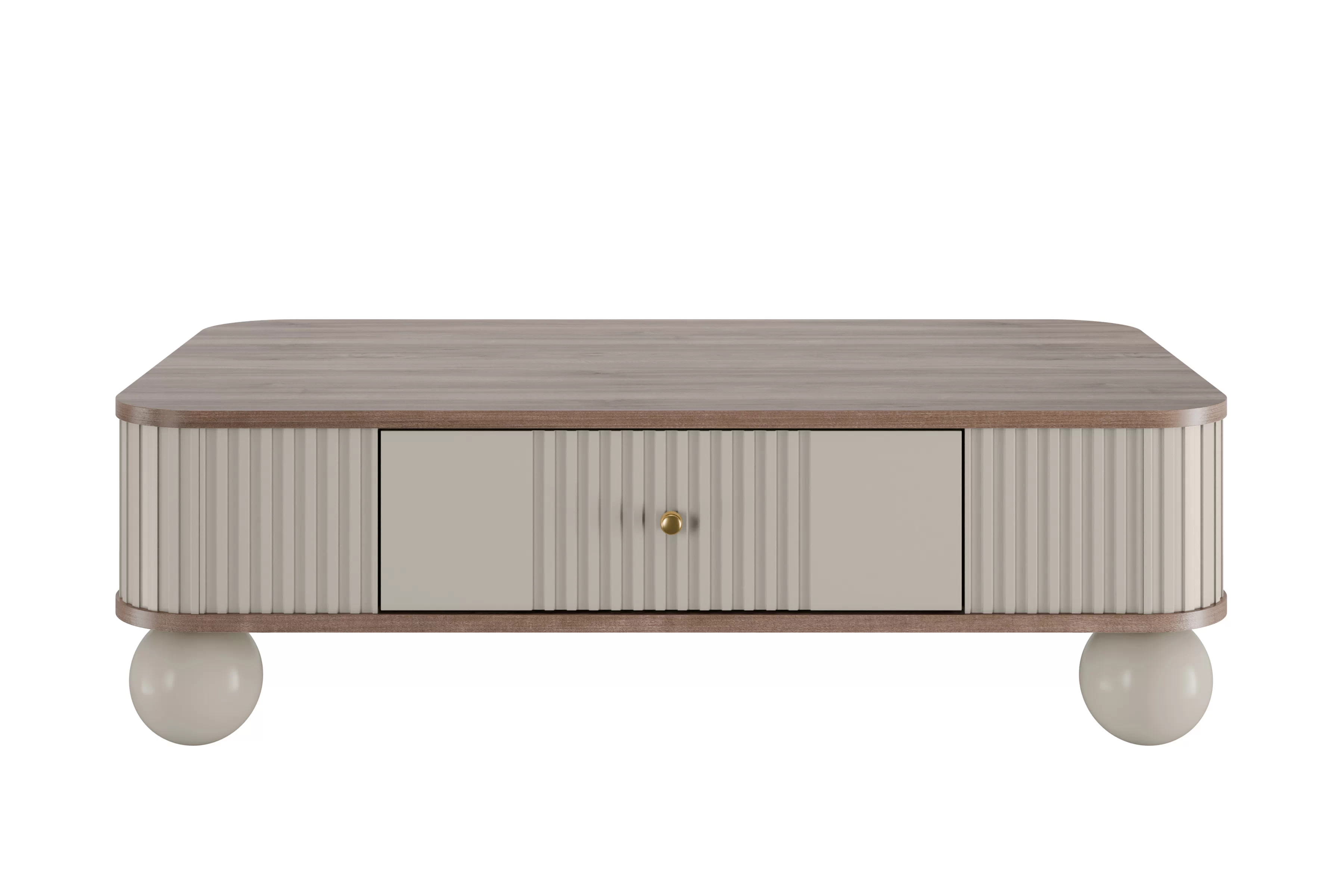 Kávový stolík Vesper 103x60 cm so zásuvkou - kasmír / orech / zlaté úchyty / guľové nohy Stolík kawowy Vesper 103x60 cm z szuflada - kašmír / Orech / zlote úchyty / nožičky kule