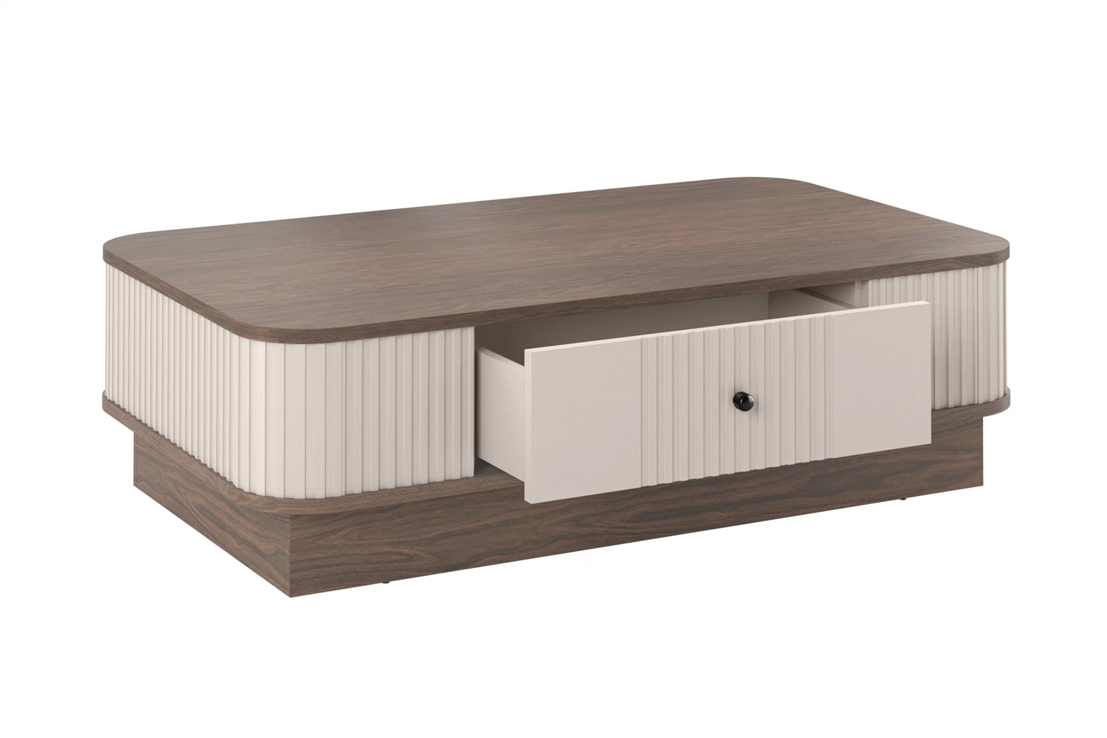Kávový stolík Vesper 103x60 cm so zásuvkou na sokli - kasmír / orech / čierna úchytka Stolík kawowy Vesper 103x60 cm z szuflada na sokelu - kašmír / orech / čierny Úchytka