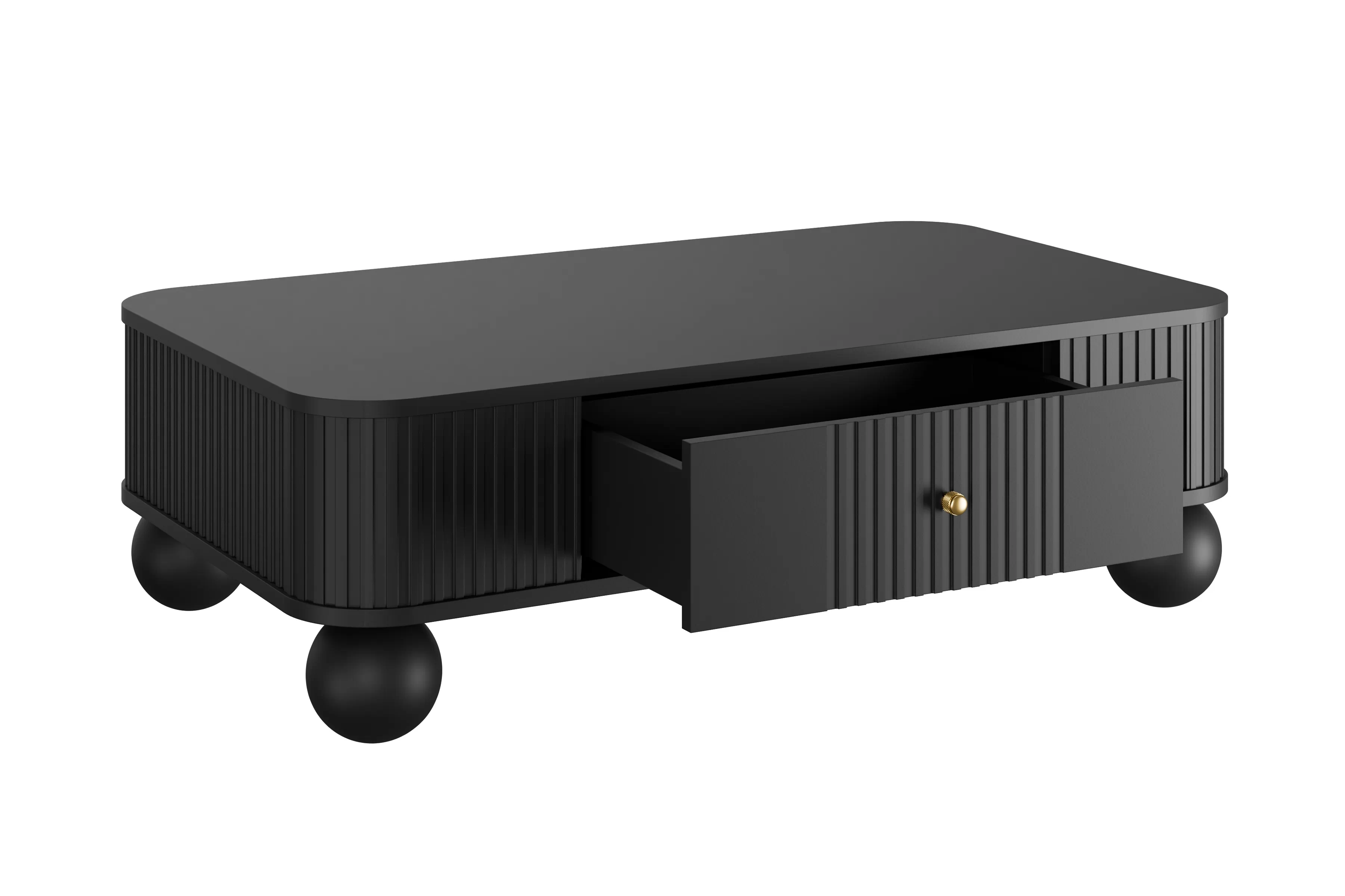 Čierny konferenčný stolík Vesper 103x60 cm so zásuvkou - zlaté úchyty / guľové nohy Stolík kawowy z szuflada Vesper 103x60 cm - Čierny / zlote úchyty / nožičky kule