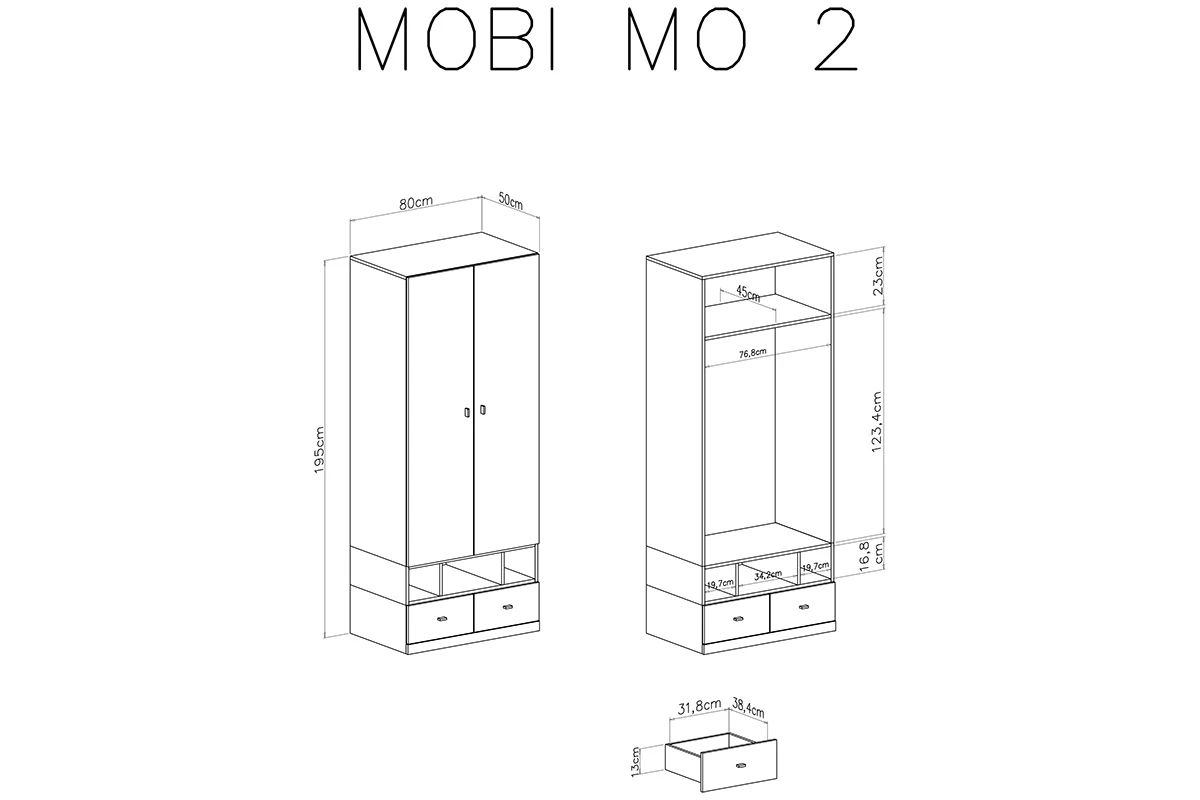 Skříň Mobi MO2 - 80 cm - bílá / tyrkysová vnitřek skříně mo2