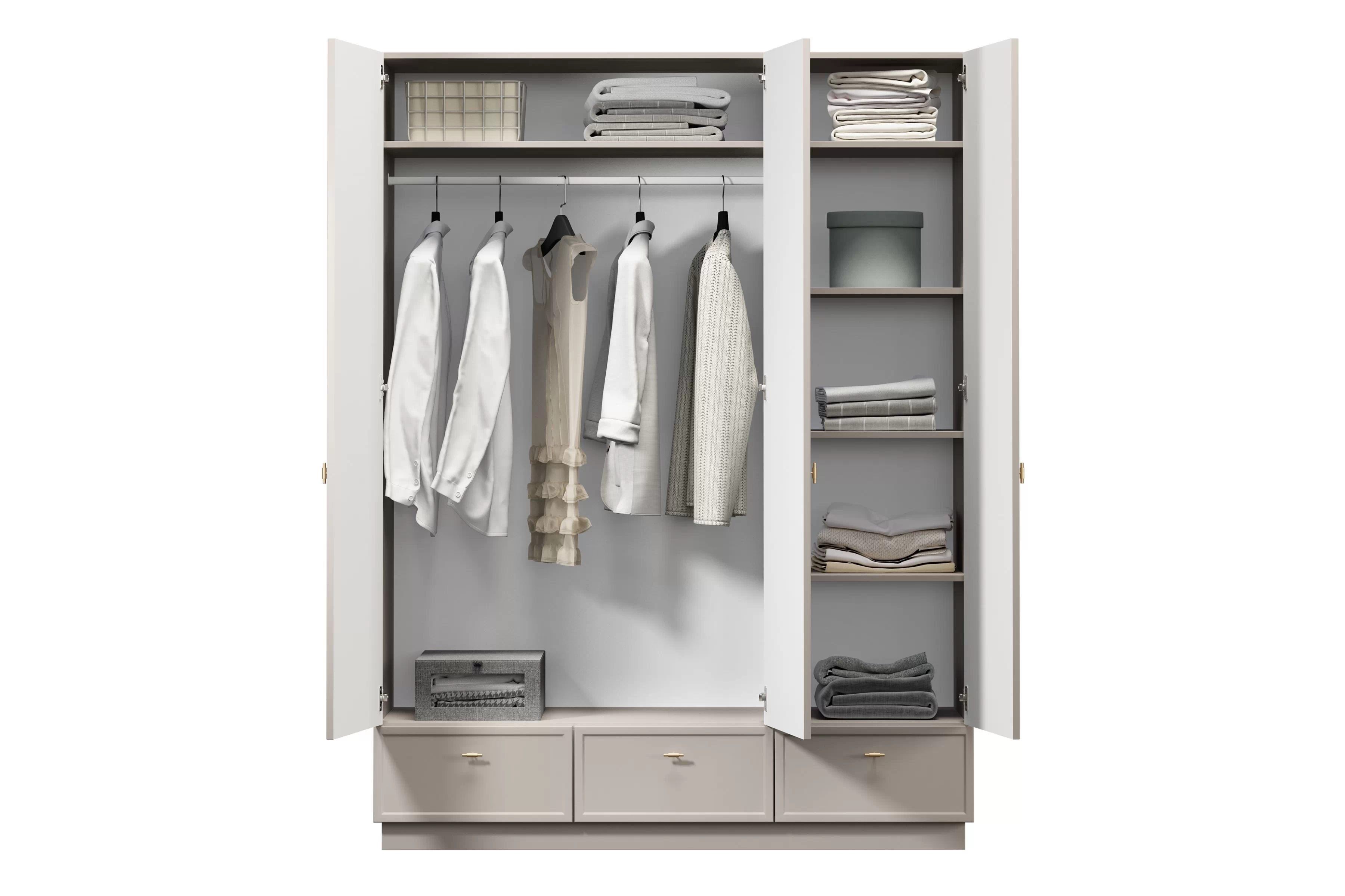 Šatníková skriňa Lorini 150 cm - kašmírová / zlaté úchytky T Skriňa Lorini 150 cm z policami - kašmír / zlote úchyty T-bar