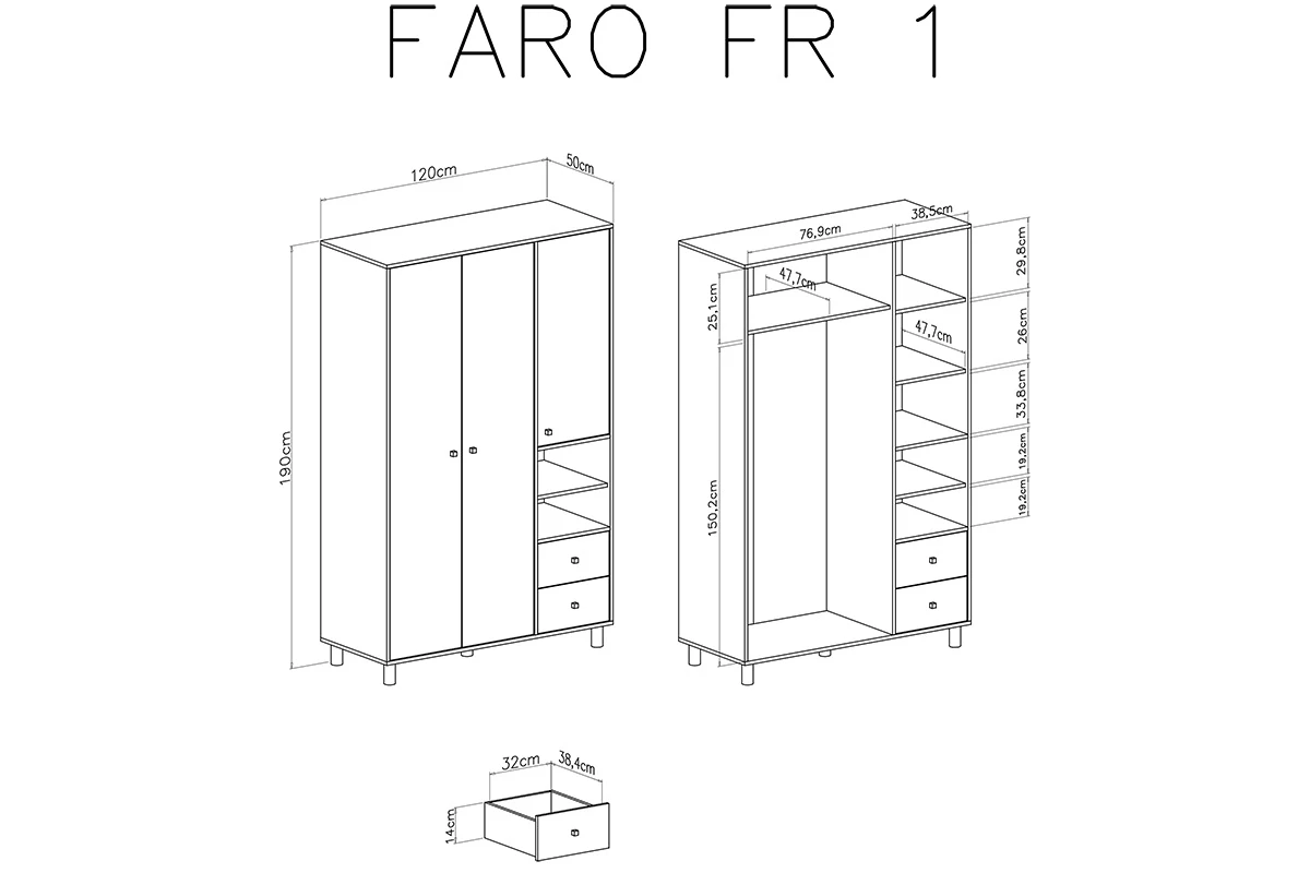 Skříň pro mládež třídveřová se dvěma zásuvkami i policemi Faro FR1 - Bílý lux / Dub artisan / šedý Skříň mlodziezowa třídveřová se dvěma zásuvkami i policemi Faro FR1 - Bílý lux / Dub artisan / šedý - Rozměry