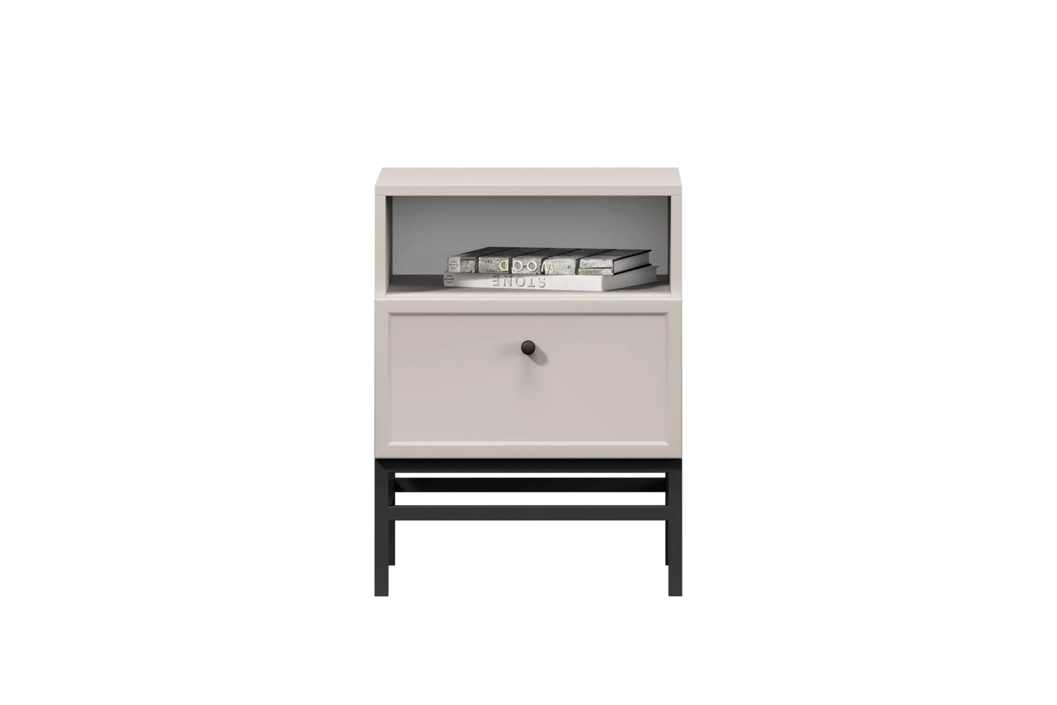 Noční stolek Lorini 45 cm na podstavci - kašmírová / černá úchytka Noční stolek Lorini z szuflada 45 cm - kašmír / černá uchwyt / Rošt