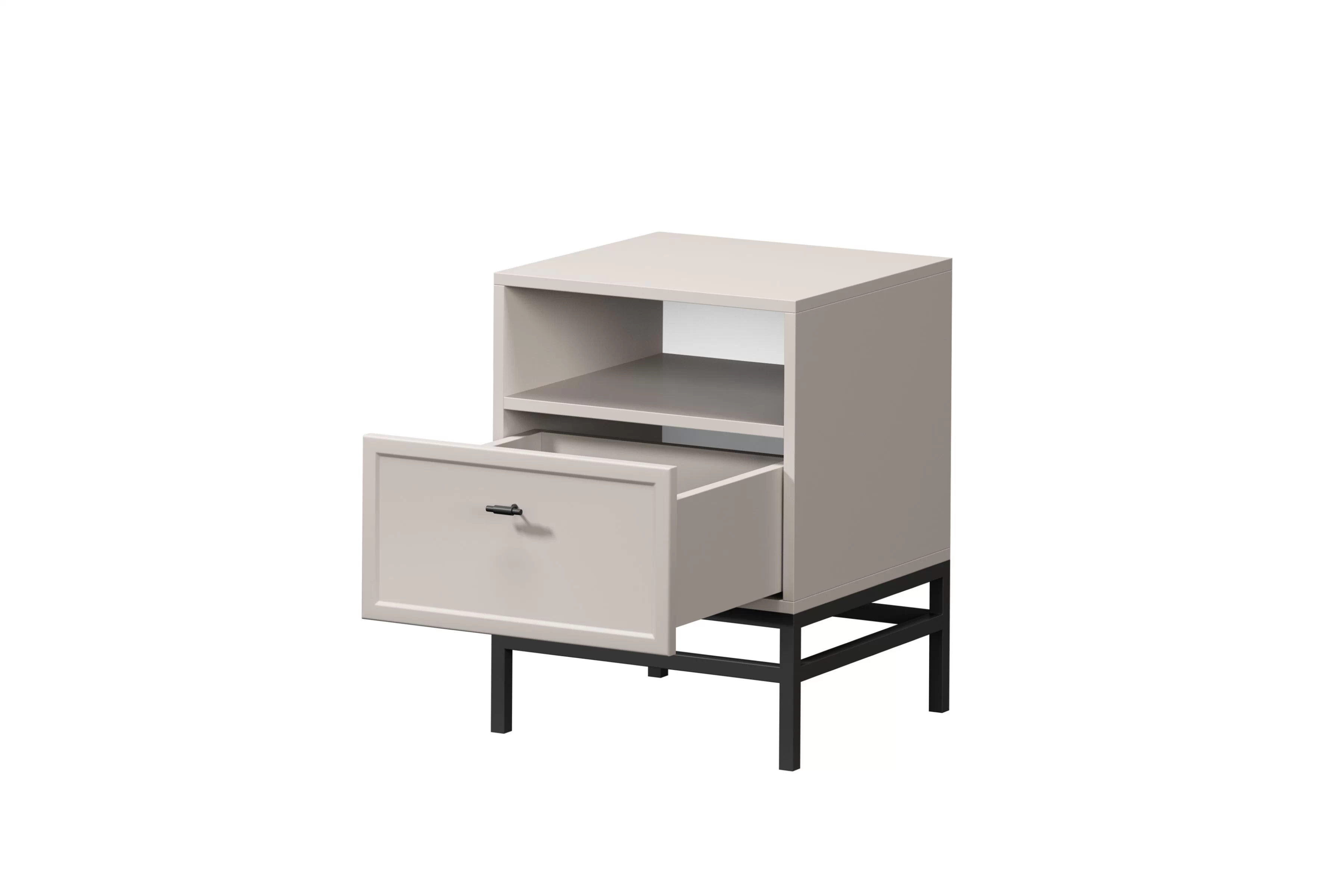 Noční stolek Lorini 45 cm na podstavci - kašmírová / černá úchytka T-bar Noční stolek Lorini z szuflada 45 cm - kašmír / černá uchwyt T-bar / Rošt