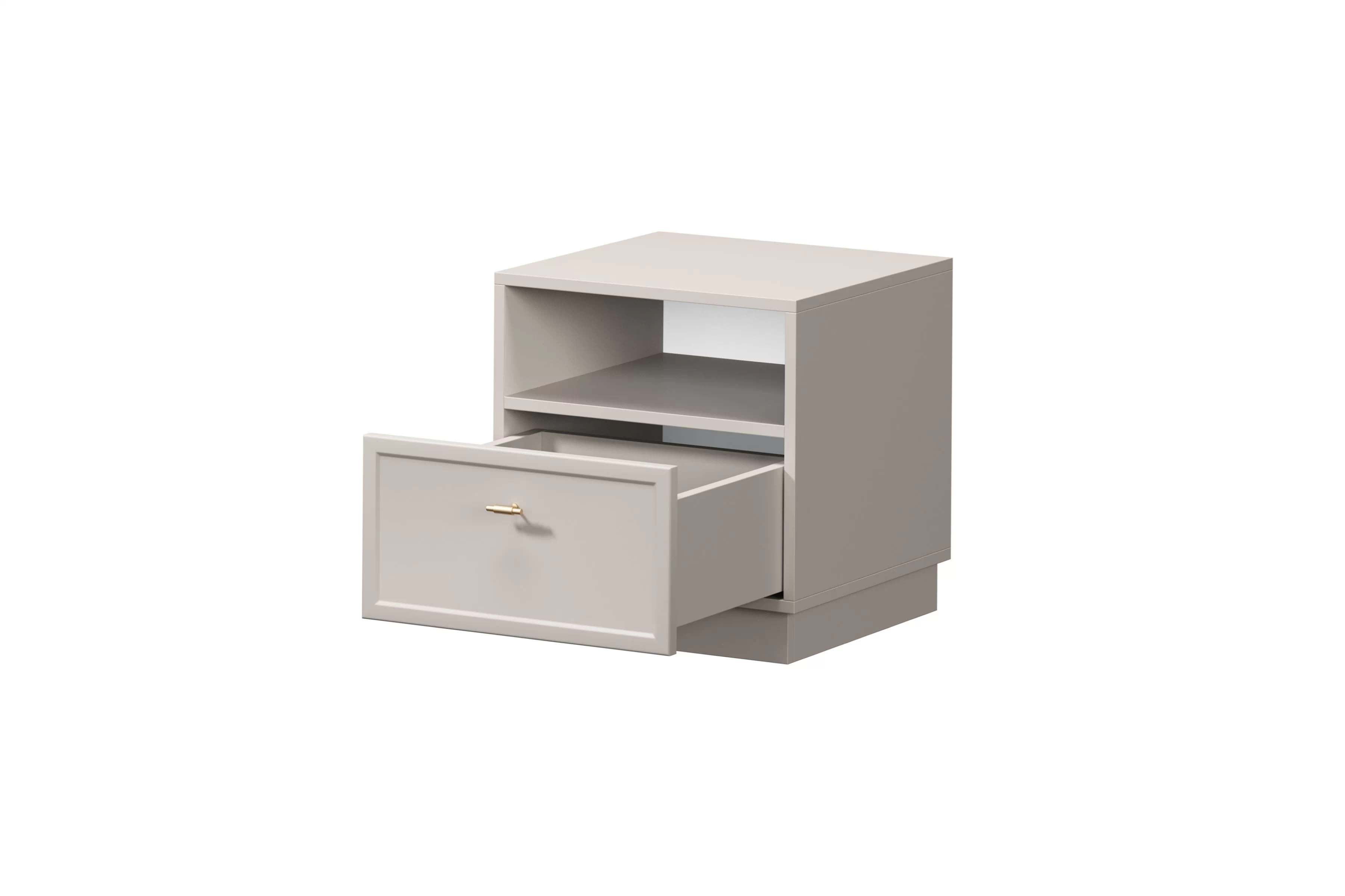 Nočný stolík Lorini 45 cm na sokli - kašmírová / zlatá úchytka T Nočný Stolík Lorini z szuflada 45 cm - kašmír / zlaté Úchytka T-bar