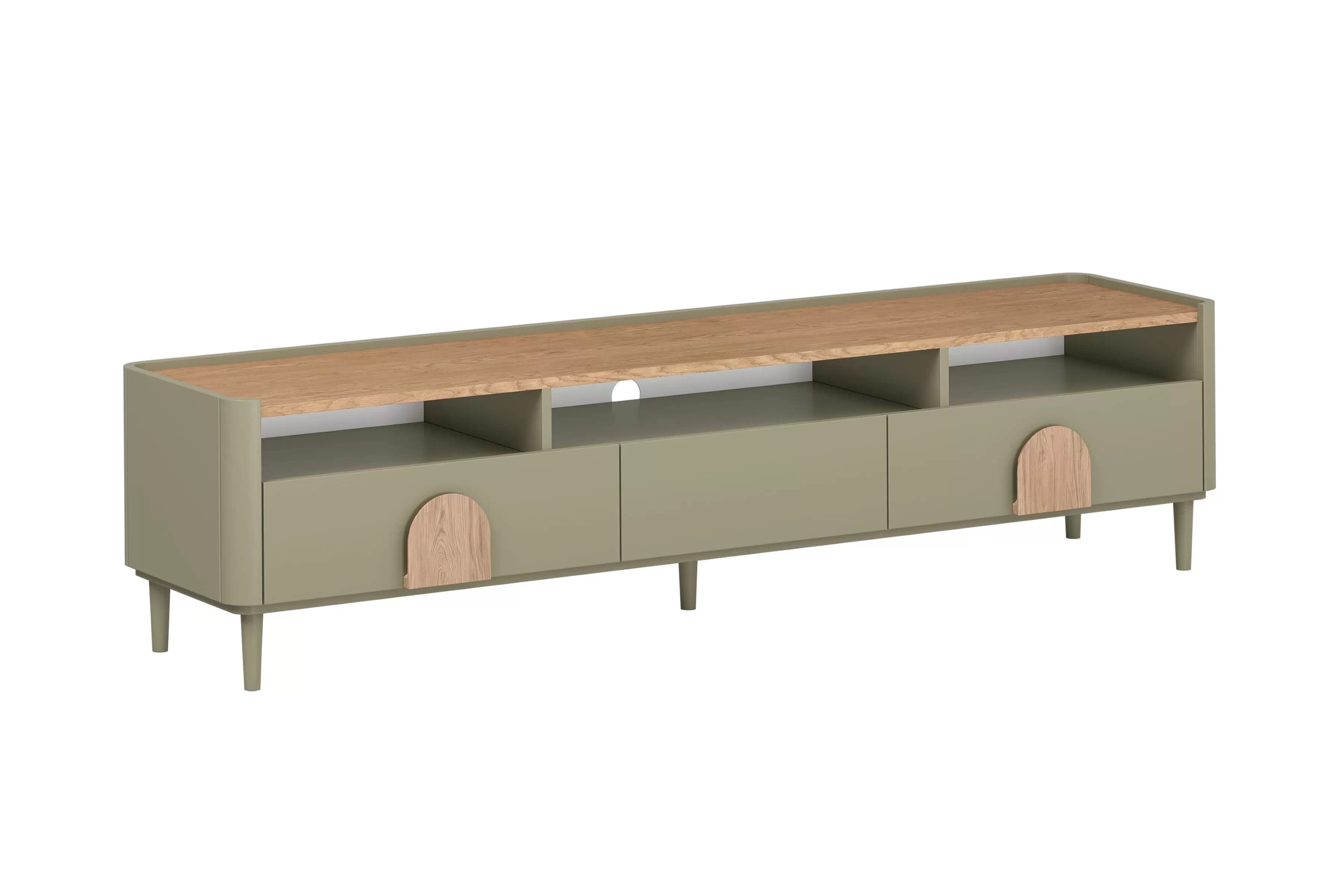 TV skrinka Amilio 200 cm na nožičkách - eukalyptus / dub baltic dune / dub prírodný TV skrinka Amilio 200 cm so zásuvkami na nôžkach - eukaliptus / Dub baltic dune / úchyty Dub prírodné