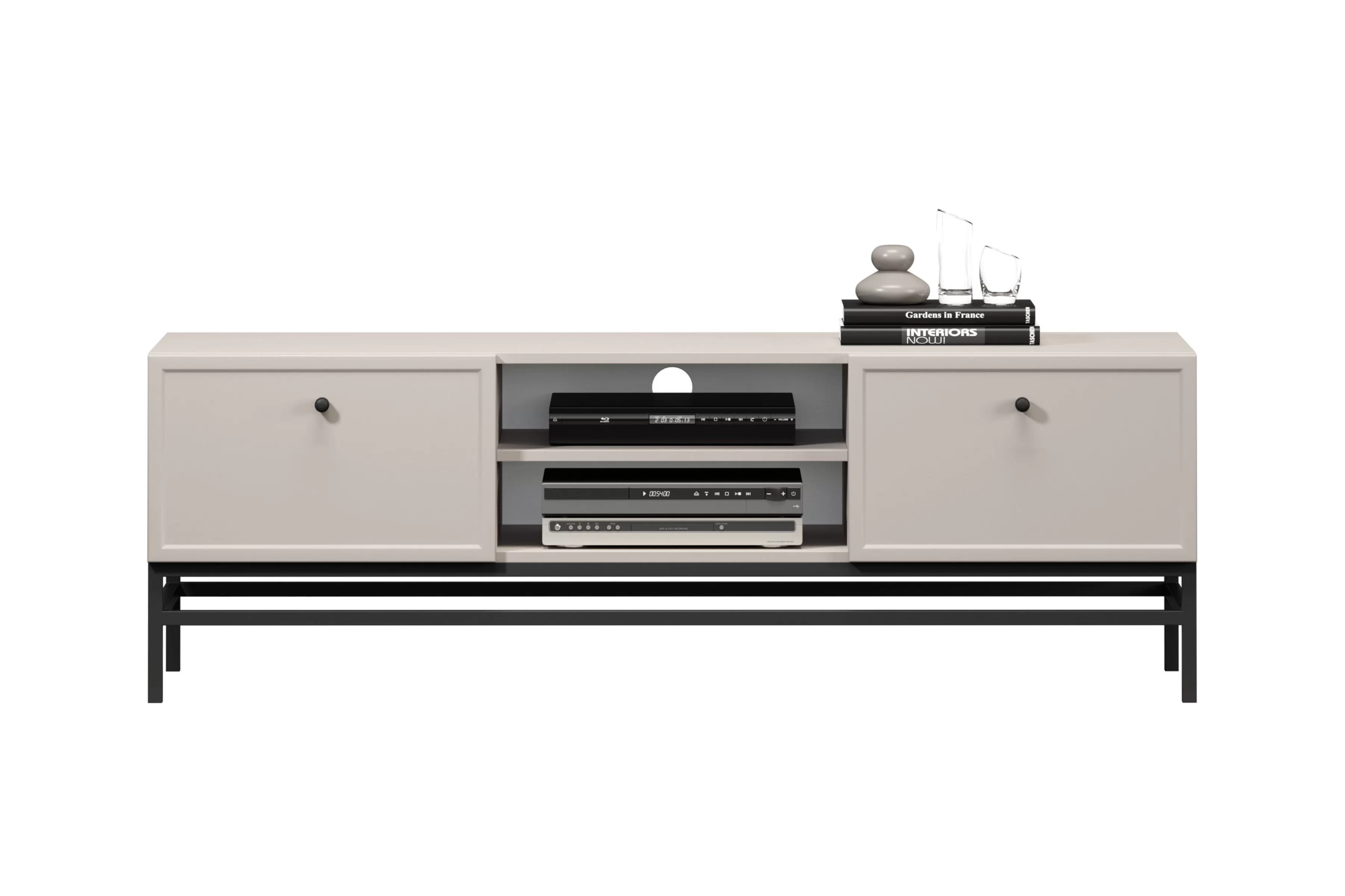 TV stolík Lorini 150 cm na stojane – kašmírová / čierne úchytky TV skrinka Lorini 150 cm so zásuvkami - kašmír / čierny úchyty / Rošt