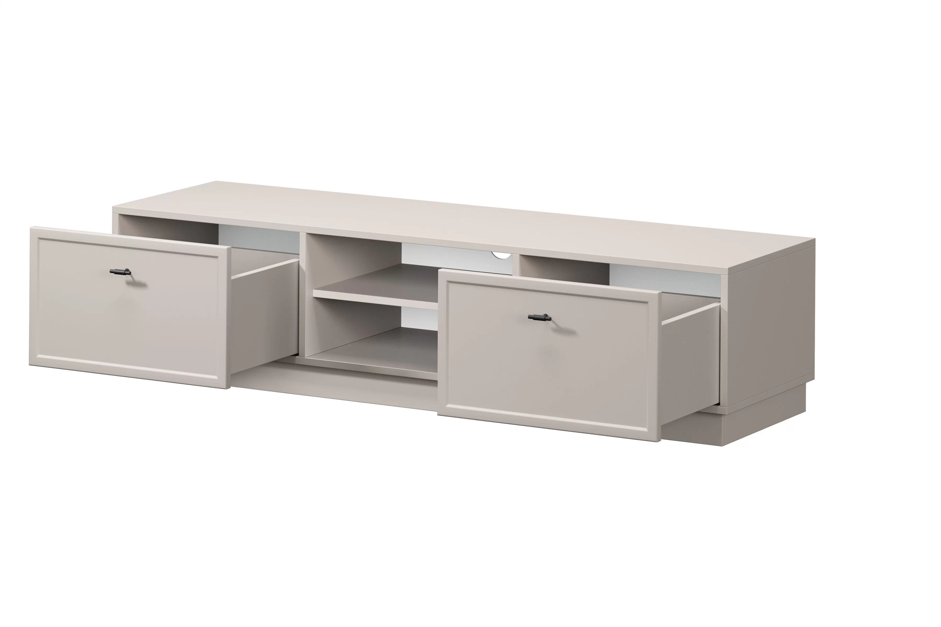 TV stolík Lorini 150 cm na sokli – kašmírová / čierne úchytky T TV skrinka Lorini 150 cm so zásuvkami - kašmír / čierny úchyty T-bar