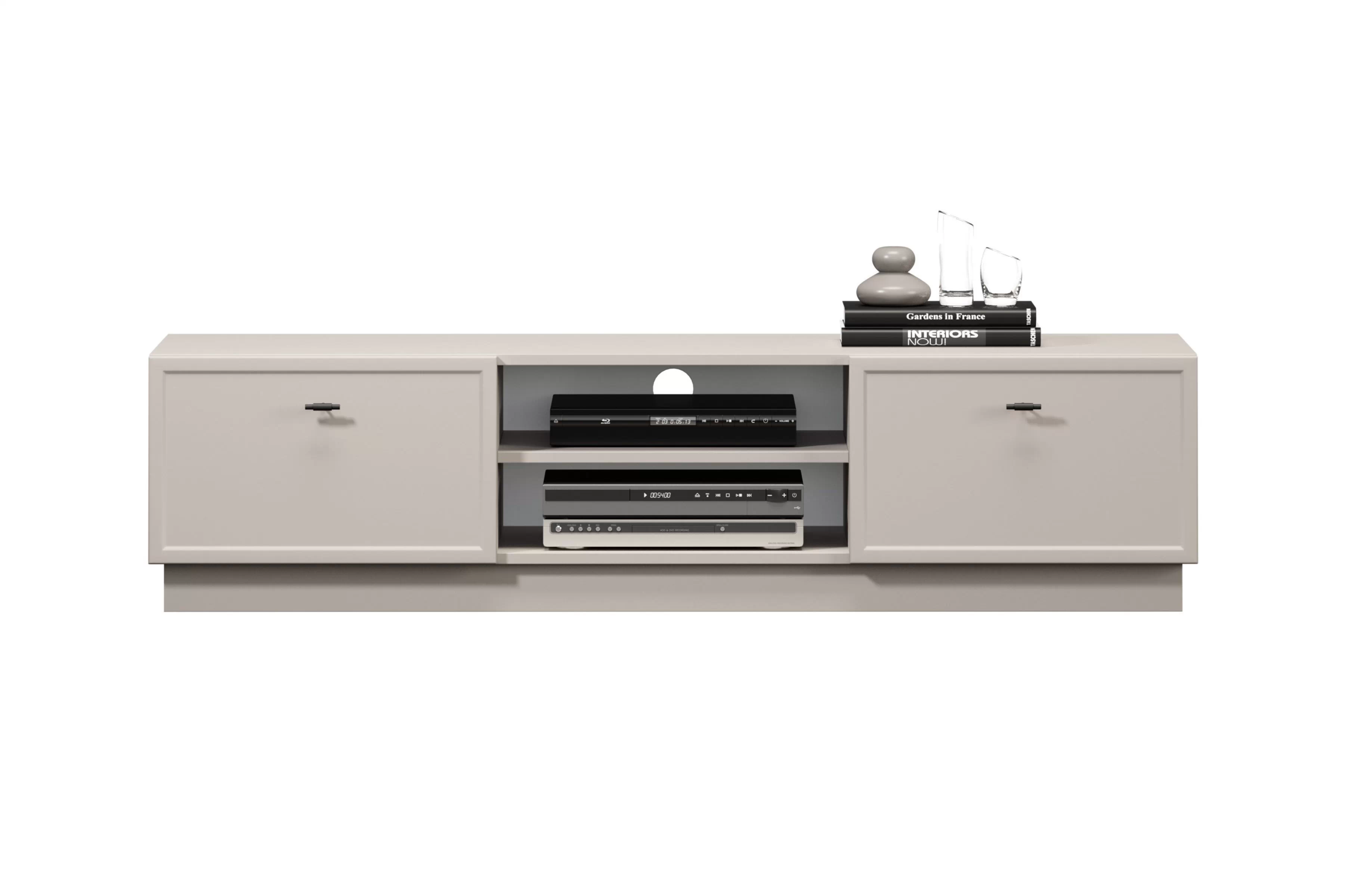 TV stolík Lorini 150 cm na sokli – kašmírová / čierne úchytky T TV skrinka Lorini 150 cm so zásuvkami - kašmír / čierny úchyty T-bar