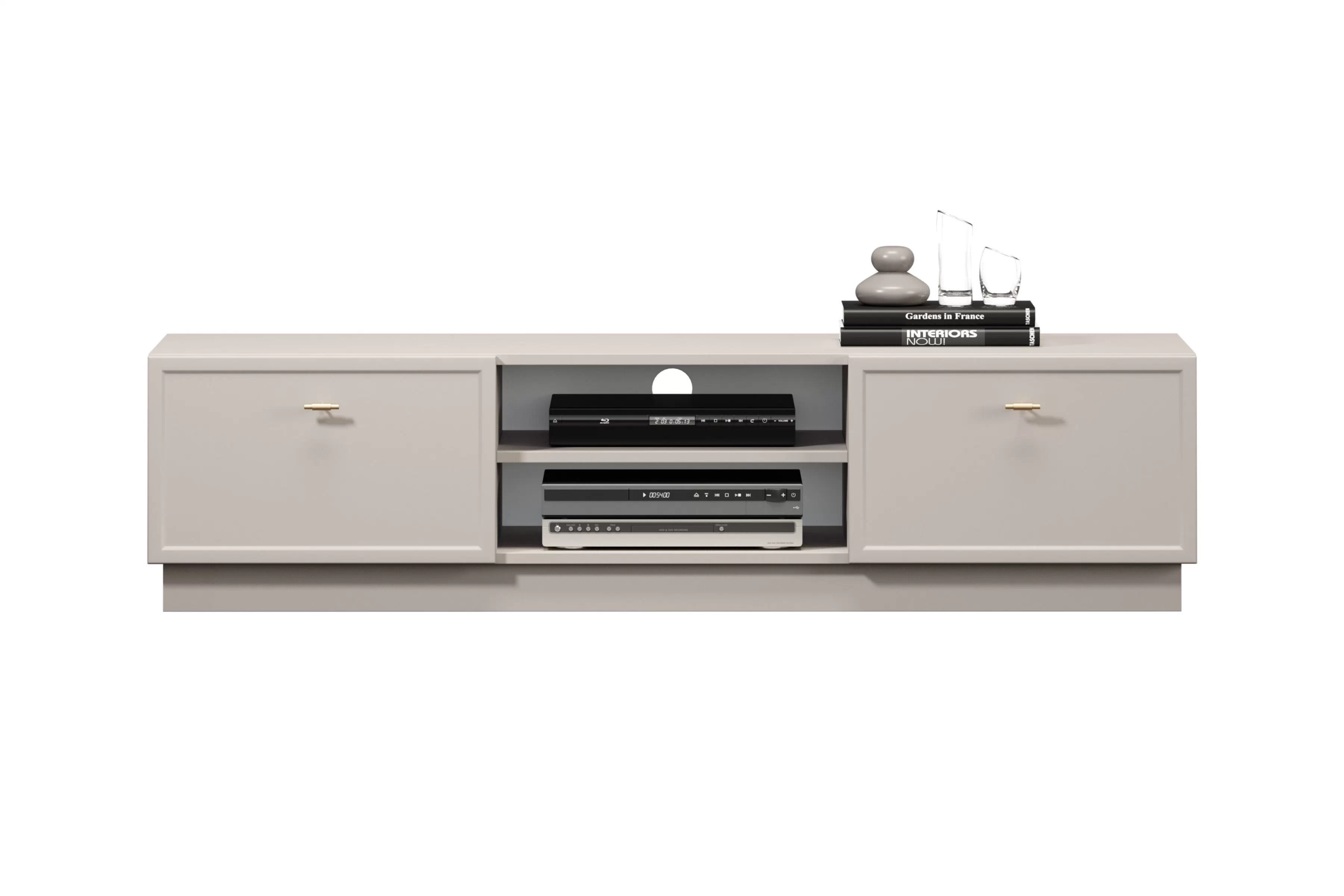 TV stolík Lorini 150 cm na sokli – kašmírová / zlaté úchytky T TV skrinka Lorini 150 cm so zásuvkami - kašmír / zlote úchyty T-bar