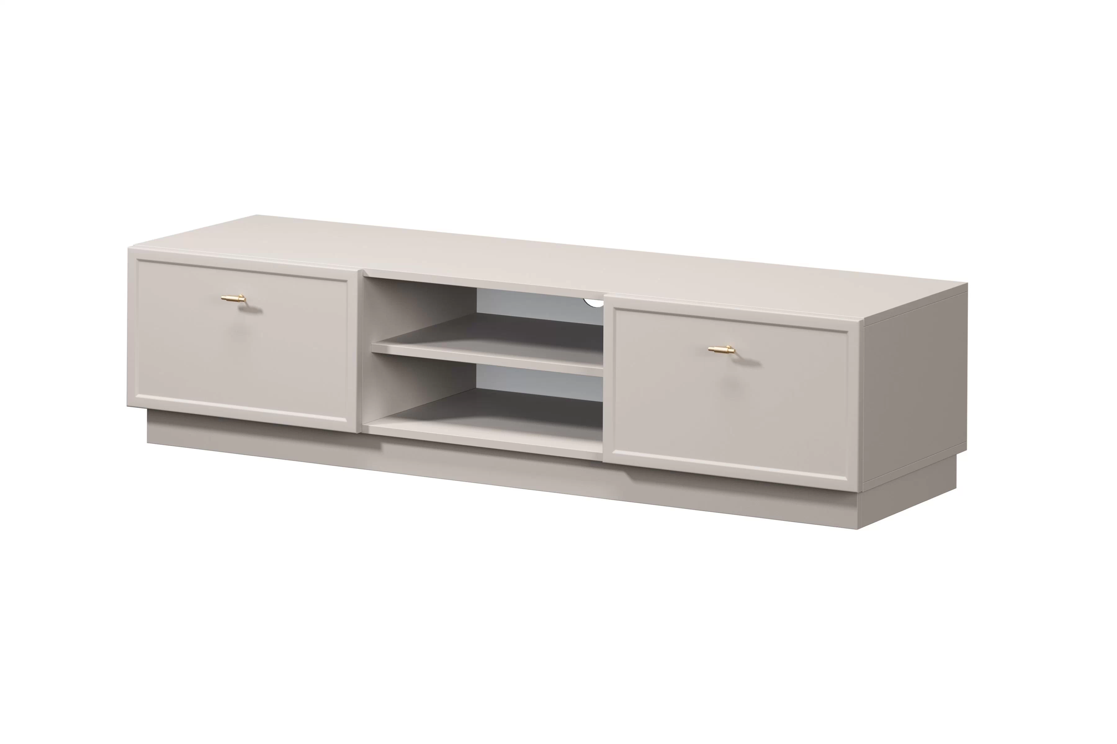 TV stolík Lorini 150 cm na sokli – kašmírová / zlaté úchytky T TV skrinka Lorini 150 cm so zásuvkami - kašmír / zlote úchyty T-bar