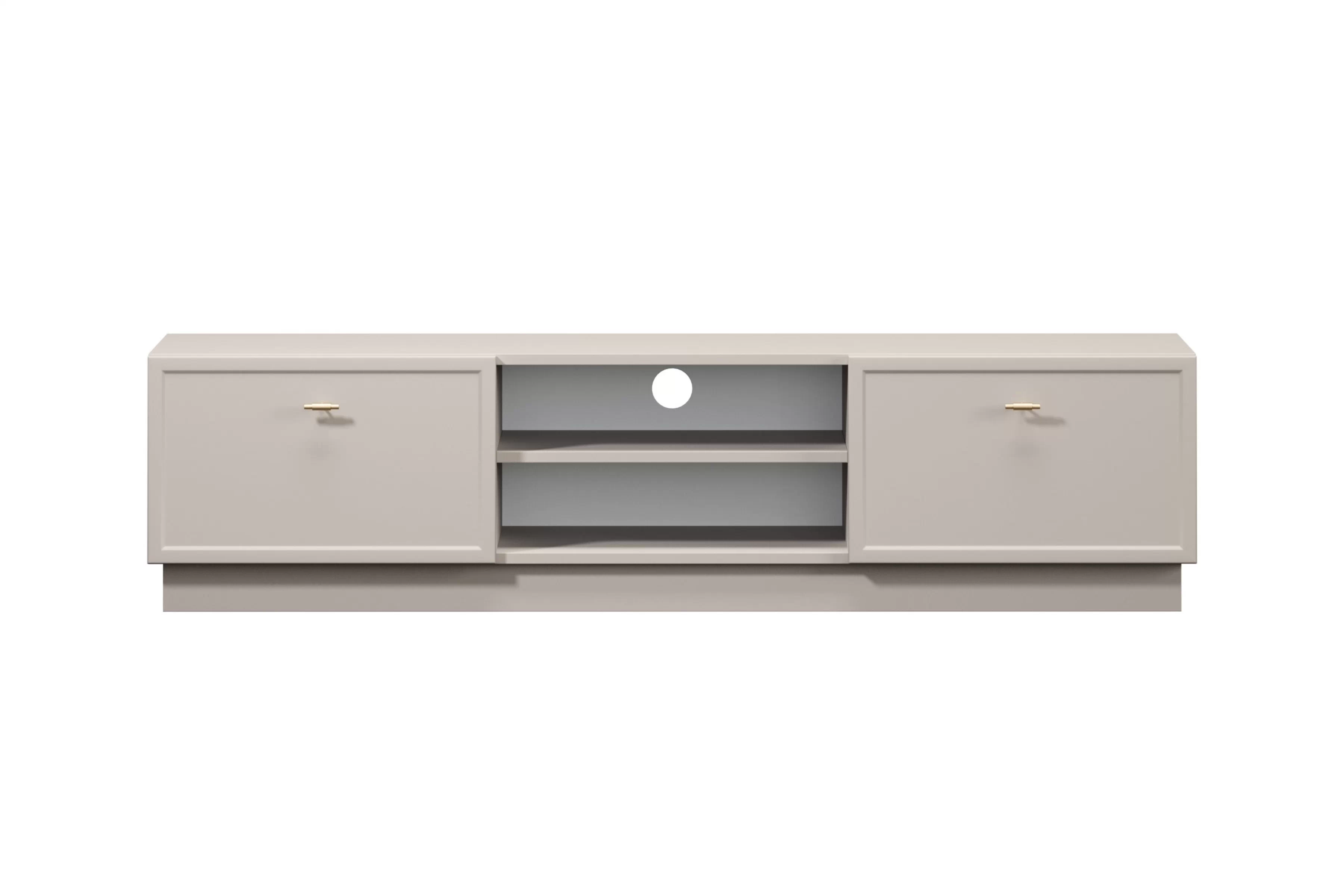 TV stolík Lorini 150 cm na sokli – kašmírová / zlaté úchytky T TV skrinka Lorini 150 cm so zásuvkami - kašmír / zlote úchyty T-bar