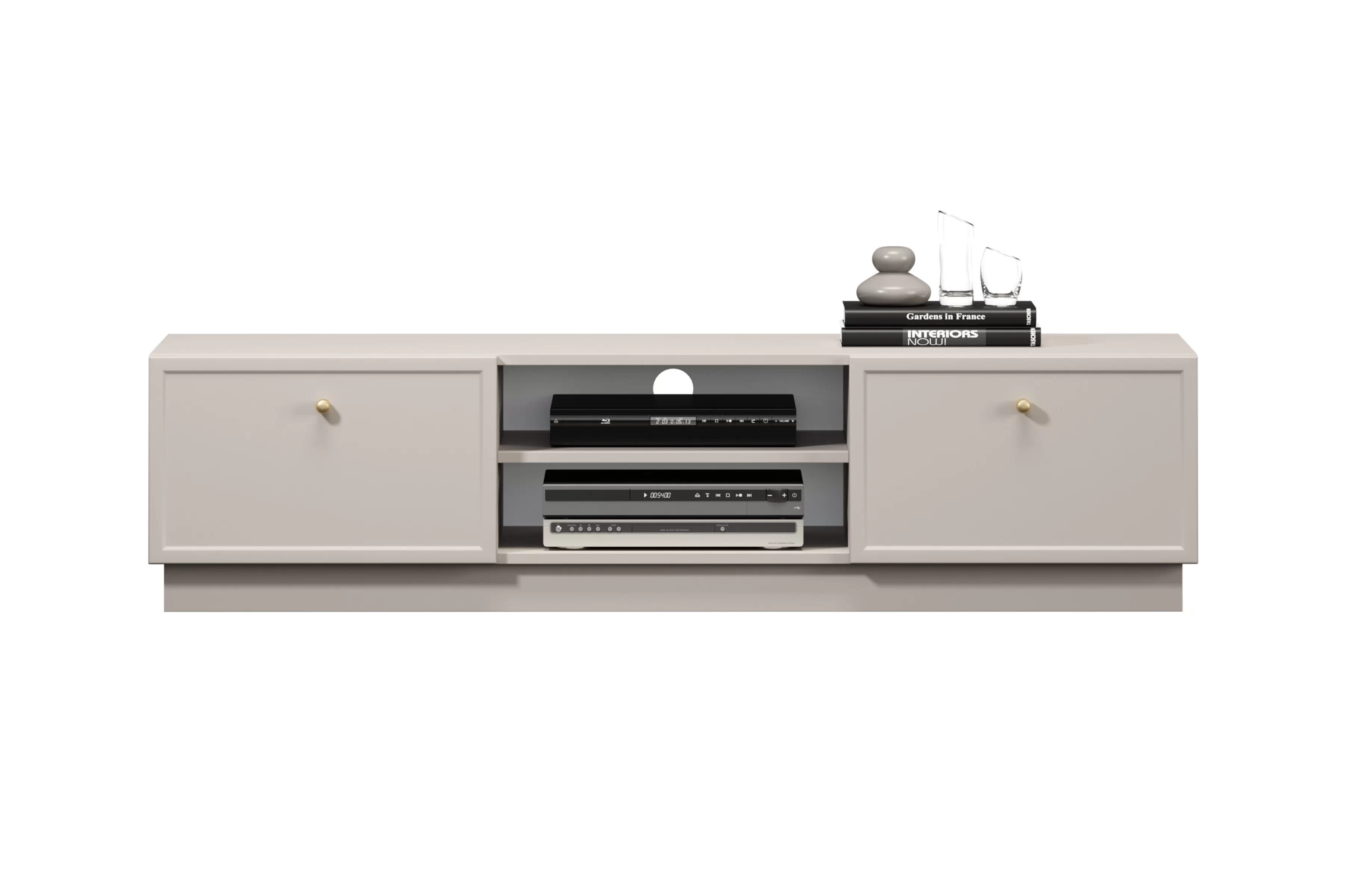 TV stolík Lorini 150 cm na sokli – kašmírová / zlaté úchytky G TV skrinka Lorini 150 cm so zásuvkami - kašmír / zlote úchyty