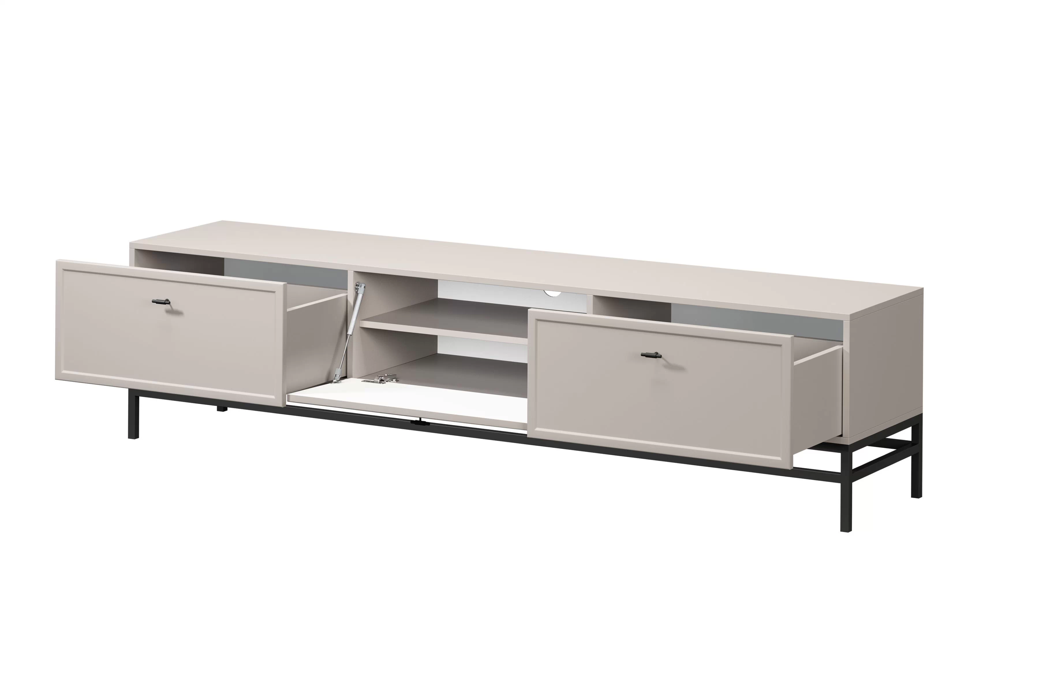 TV stolík Lorini 200 cm na stojane – kašmírová / čierna / úchytky T TV skrinka Lorini 200 cm so zásuvkami - kašmír / čierny úchyty T-bar / Rošt