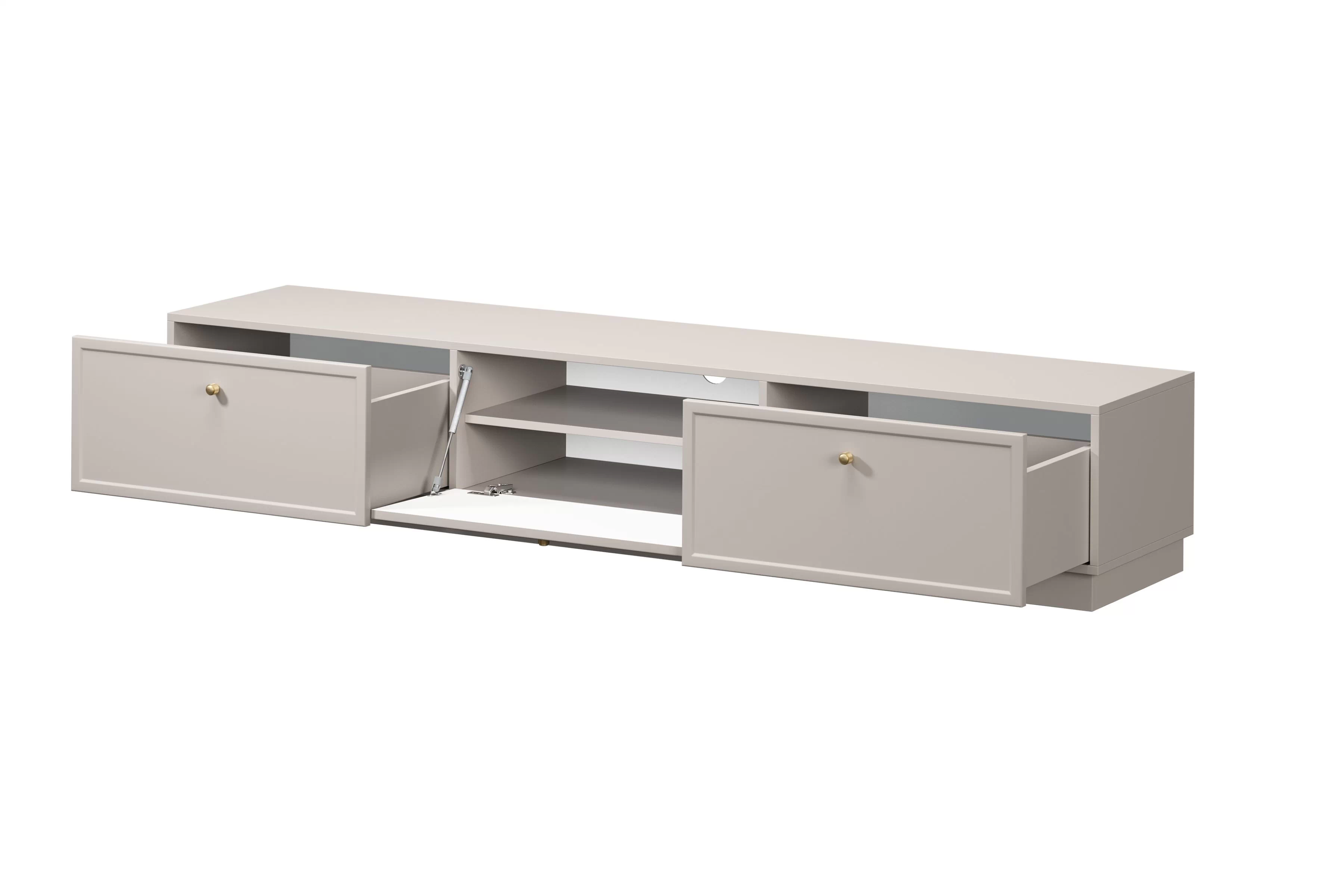 TV stolík Lorini 200 cm na sokli - kašmírová / zlaté úchytky G TV skrinka Lorini 200 cm so zásuvkami - kašmír / zlote úchyty