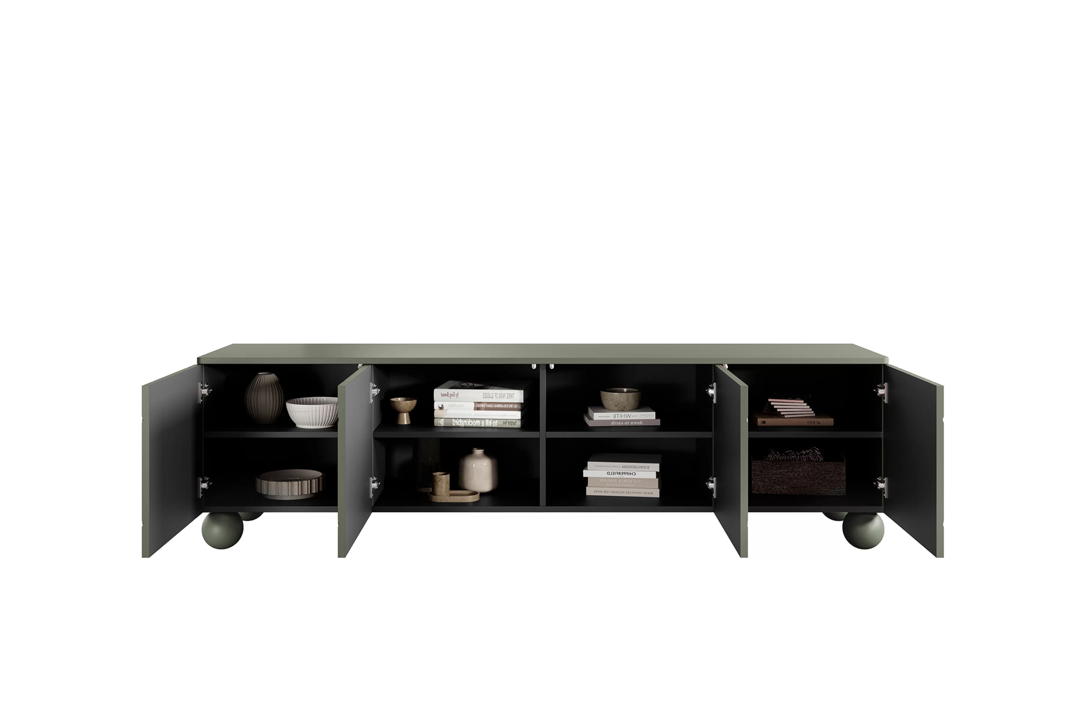 RTV skrinka Sonatia II 200 cm so štyrmi dverami na guľatých nohách - olivová TV skrinka Sonatia II 200 cm štvordverová na nogach kulach - Oliva