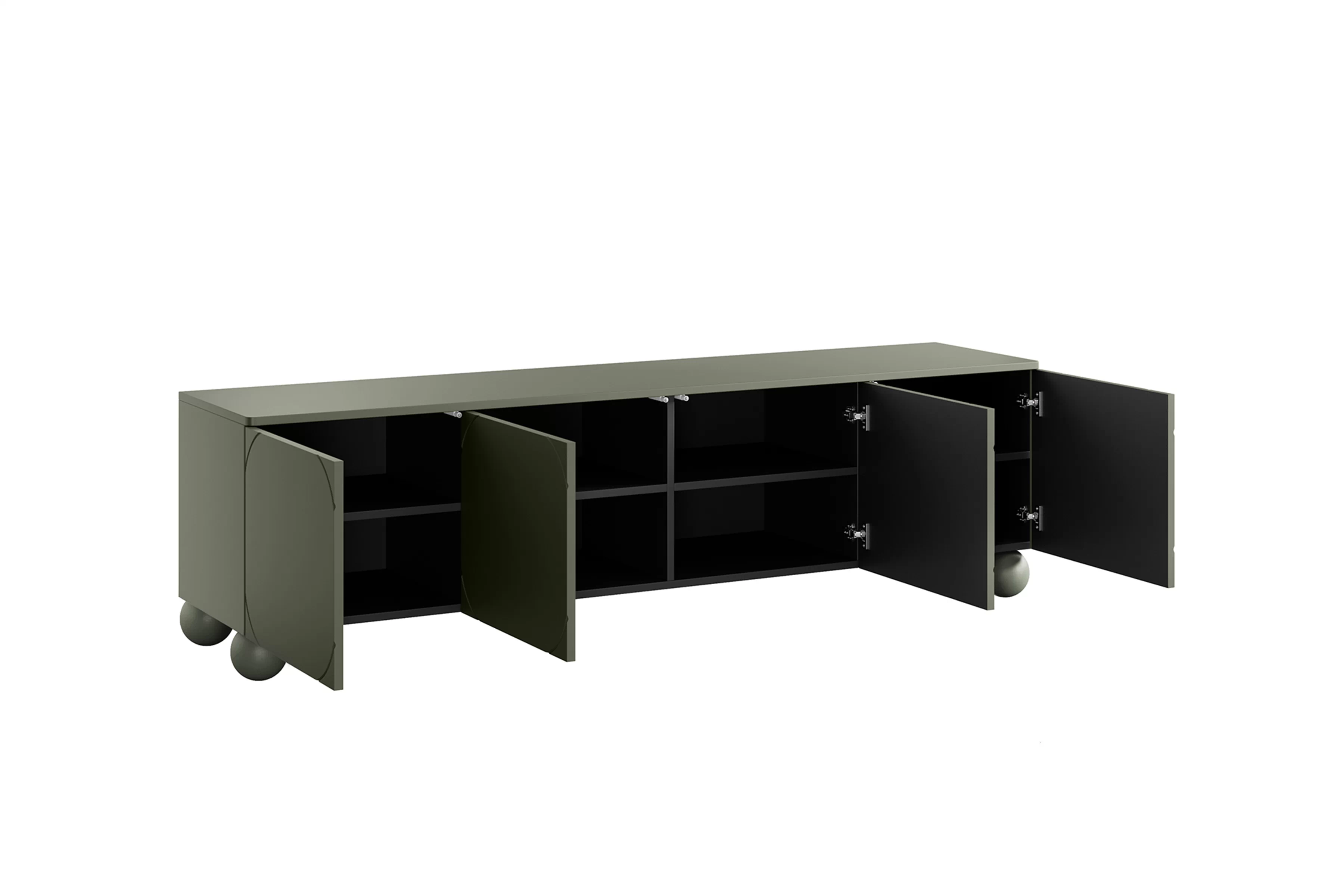 RTV skrinka Sonatia II 200 cm so štyrmi dverami na guľatých nohách - olivová TV skrinka Sonatia II 200 cm štvordverová na nogach kulach - Oliva